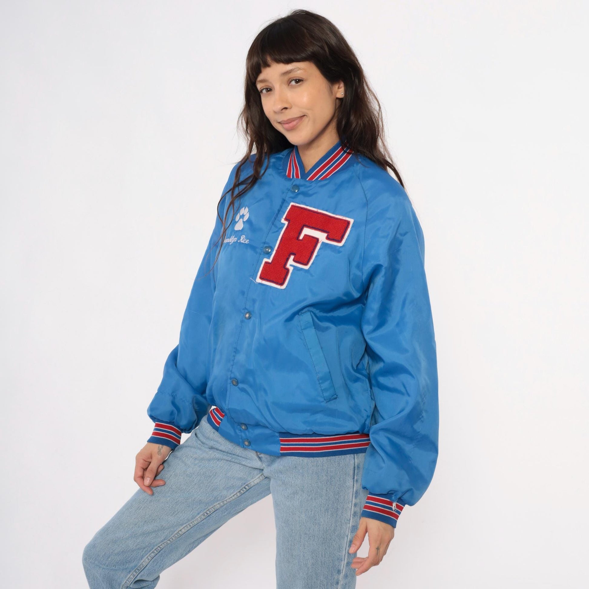 90s Franklin Varsity Jacket Blue Nylon Bomber Snap Front Small S