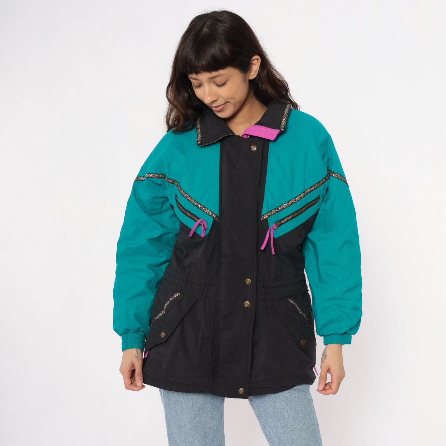 90s Colorblock Ski Jacket Teal Black Puffer Pink Zippers Small S