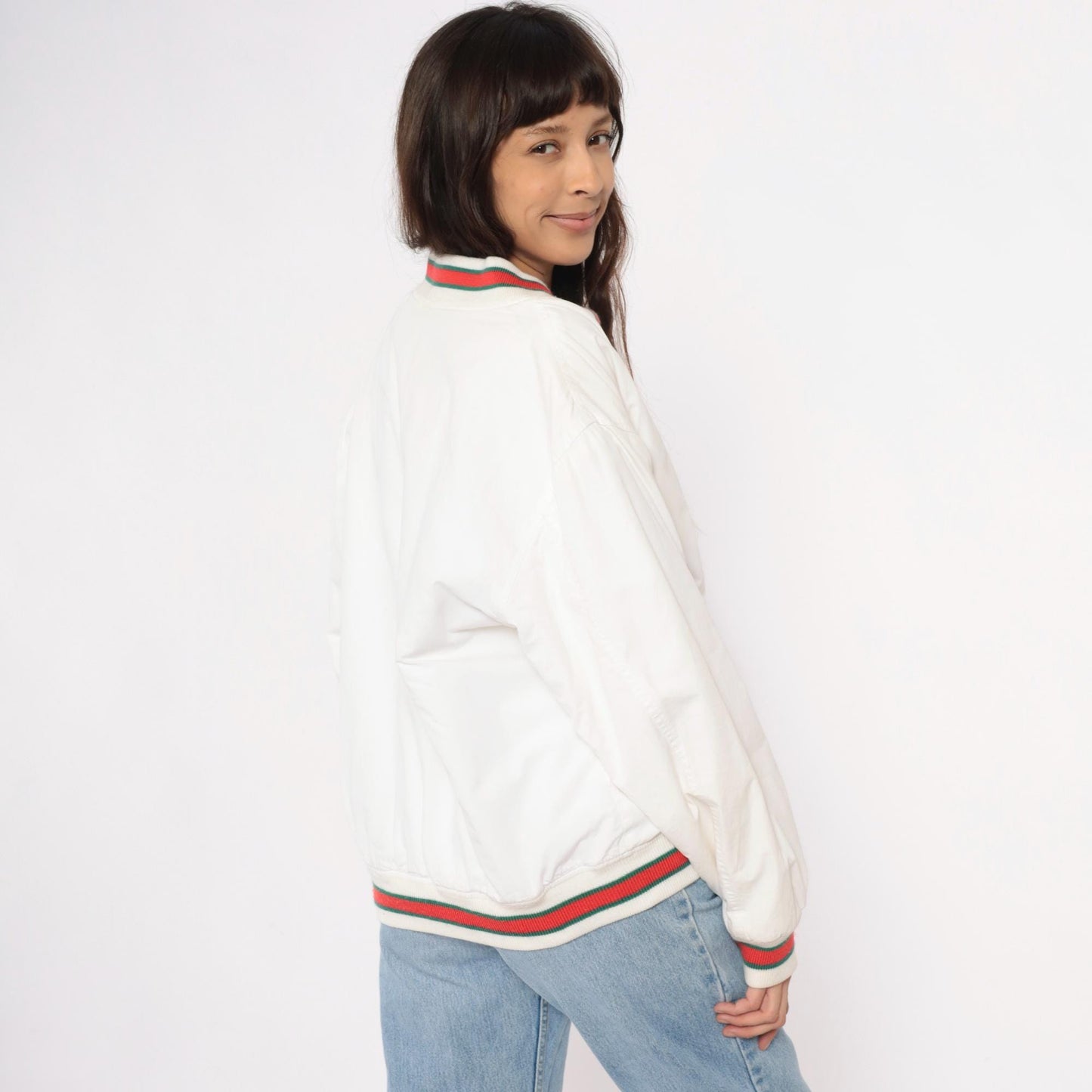 80s Cream Cardigan Red Green Striped Ribbed Trim Cotton Preppy Medium