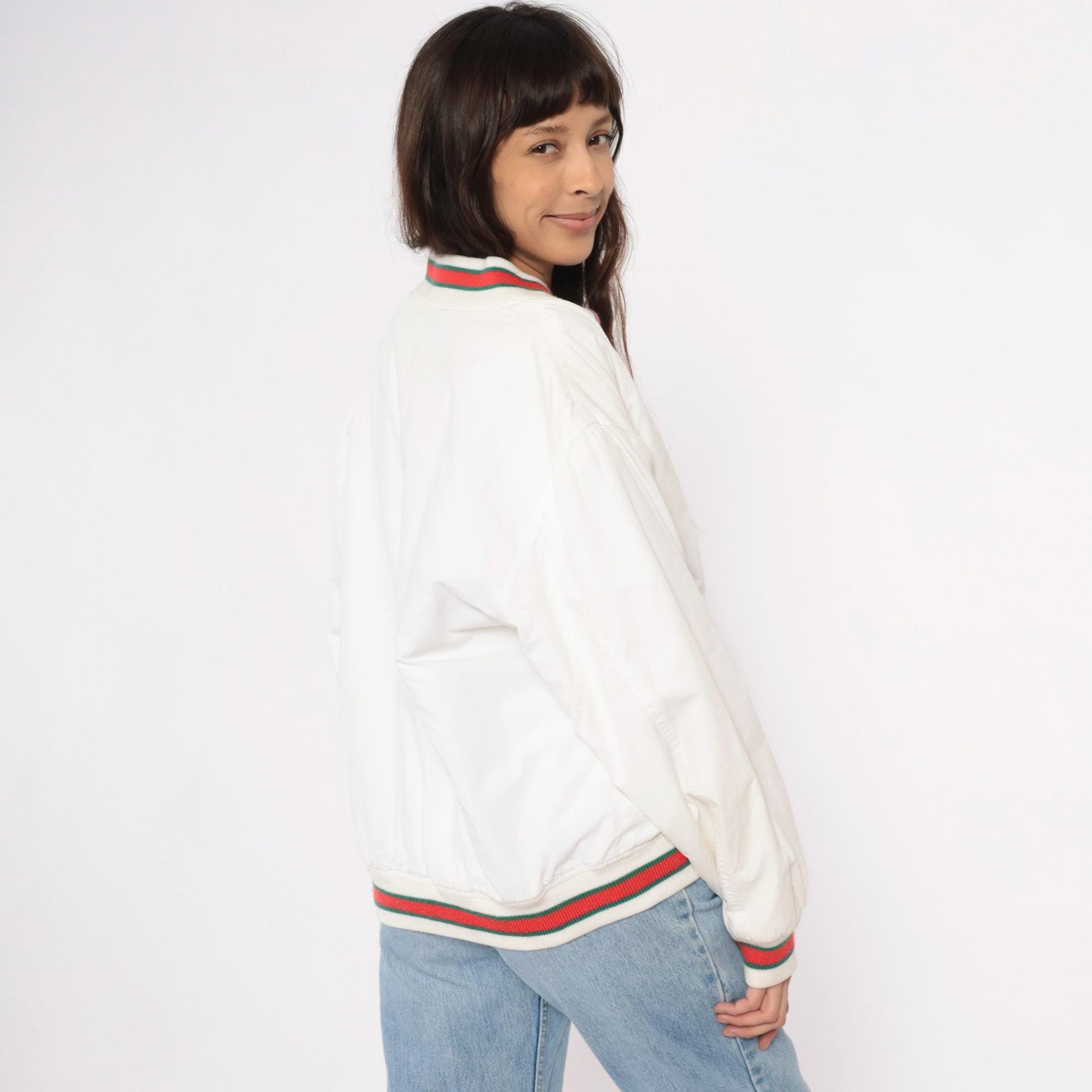 80s Cream Cardigan Red Green Striped Ribbed Trim Cotton Preppy Medium
