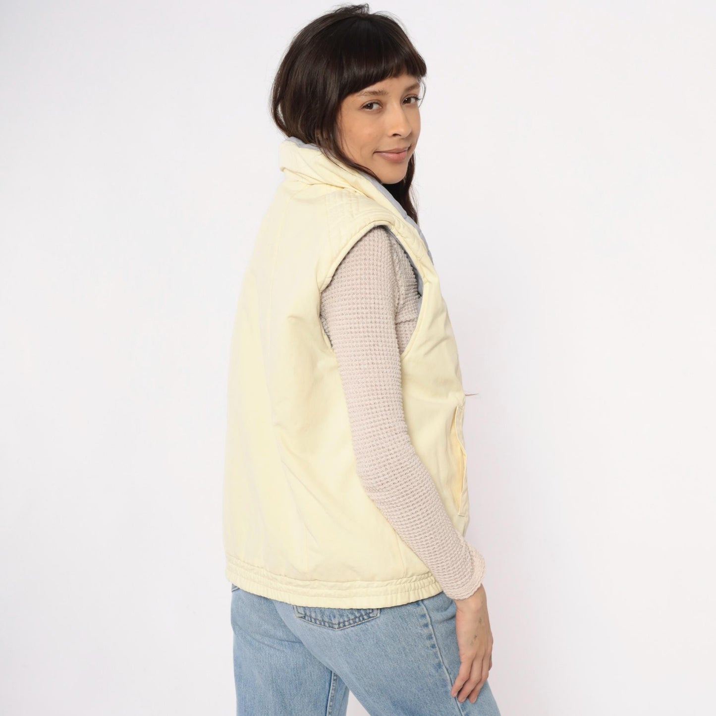 80s Reversible Quilted Vest Yellow Grey Puffer Sleeveless Medium