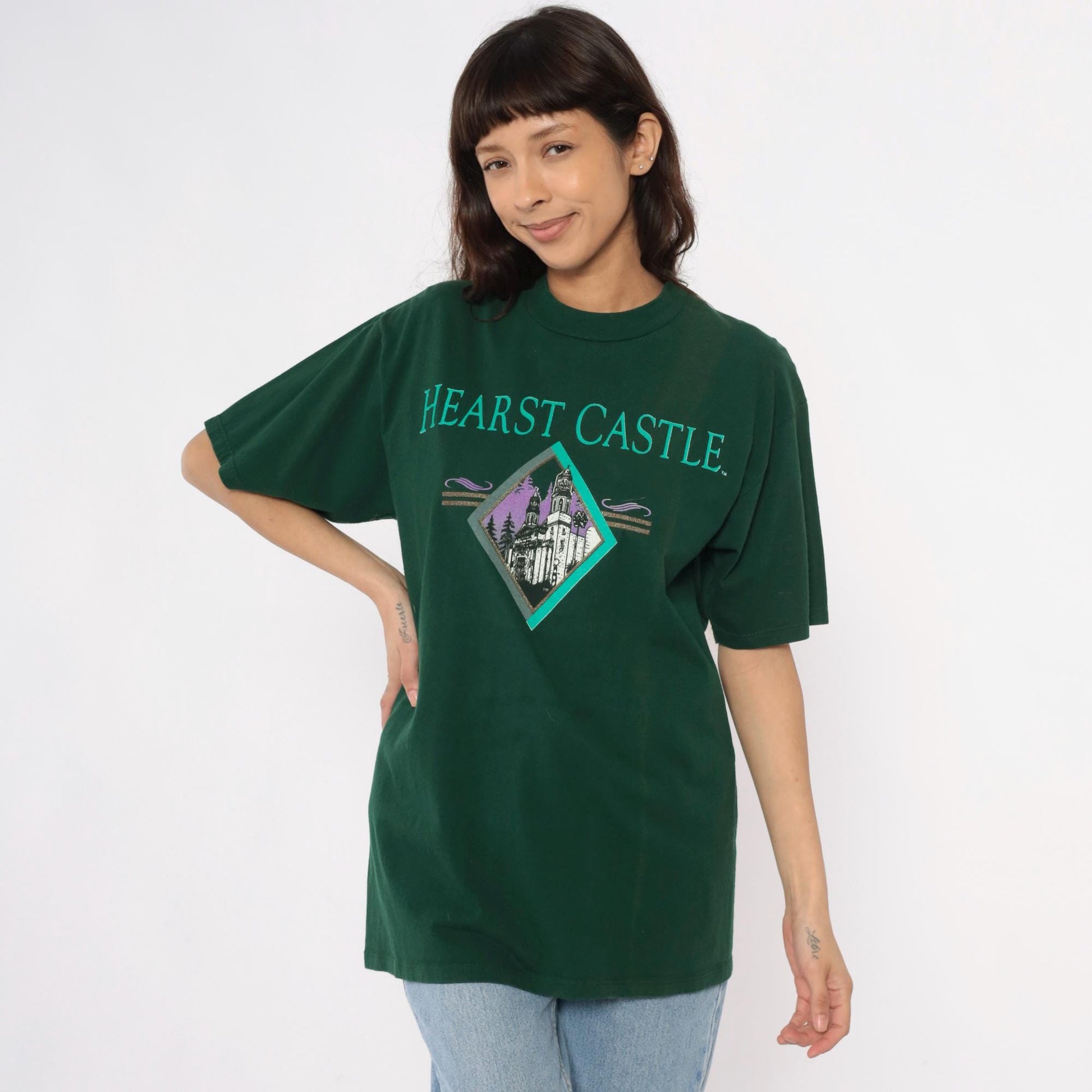 90s Hearst Castle California Tourist Tee Forest Green Cotton Graphic Large L