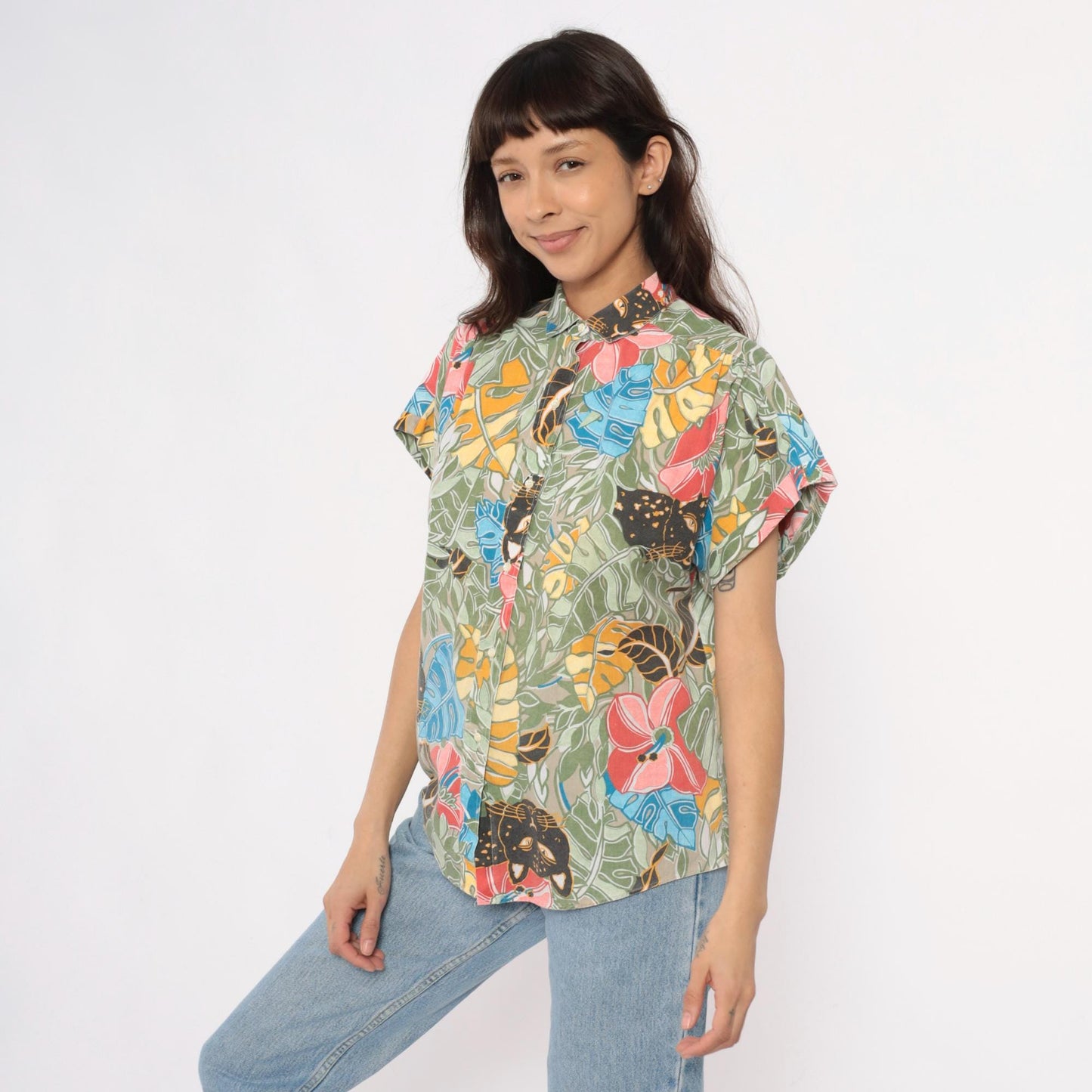 90s Black Panther Tropical Print Button-Up Shirt Monstera Leaf Multicolor Large L