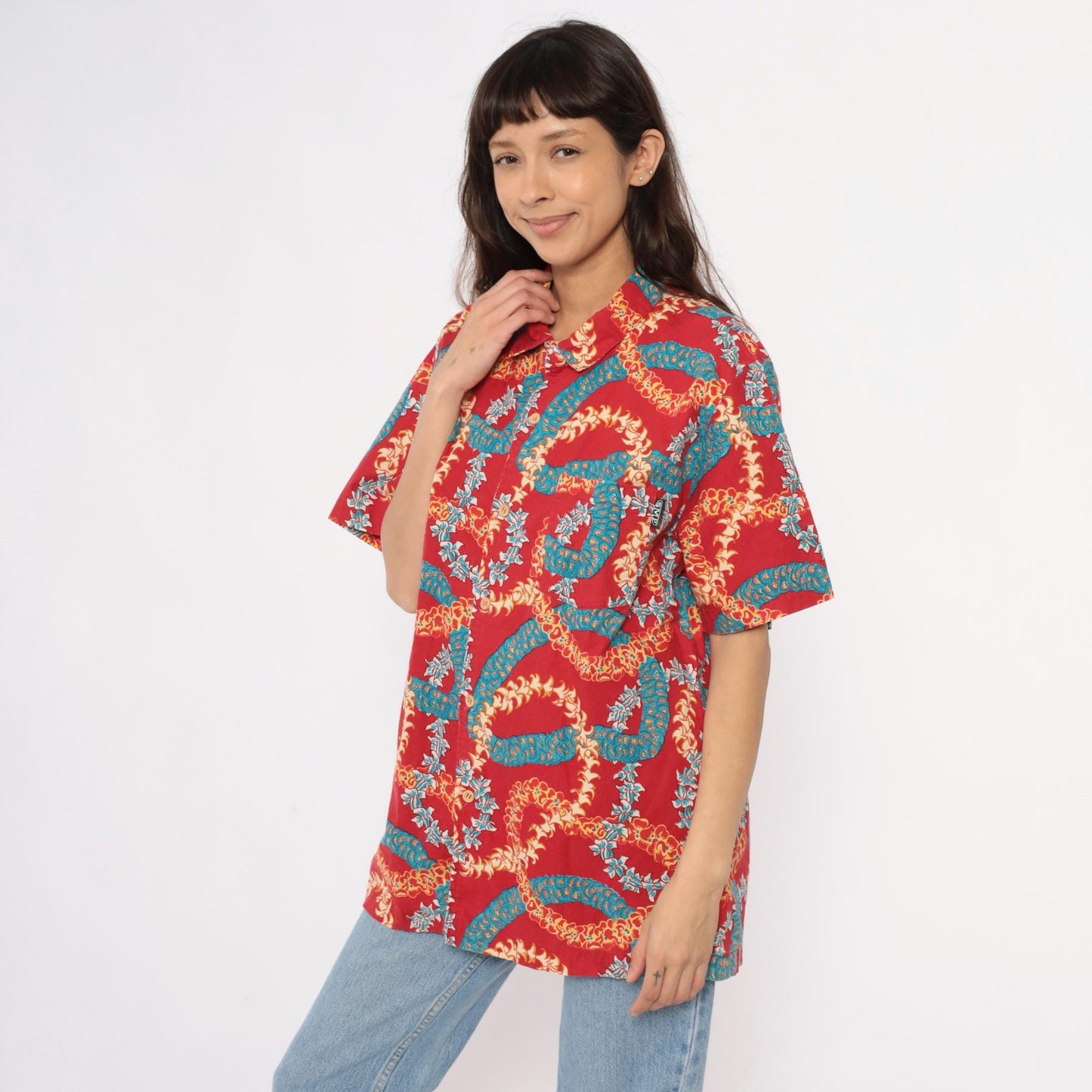 90s Hawaiian Shirt Red Lei Print Camp Collar Cotton Mens Extra Large XL