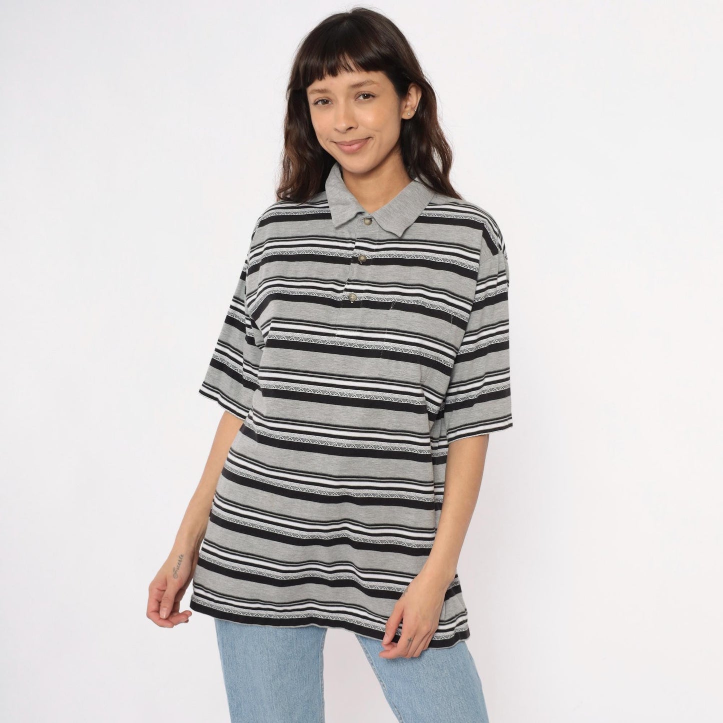 90s Classic by Palmland Striped Polo Shirt Grey Black White Extra Large XL