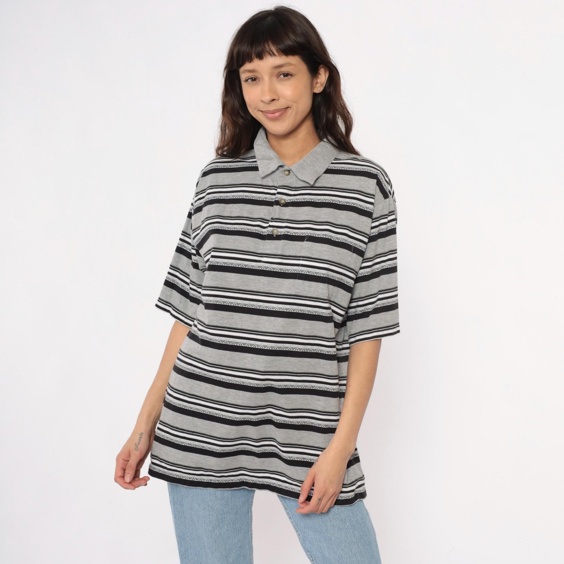 90s Classic by Palmland Striped Polo Shirt Grey Black White Extra Large XL