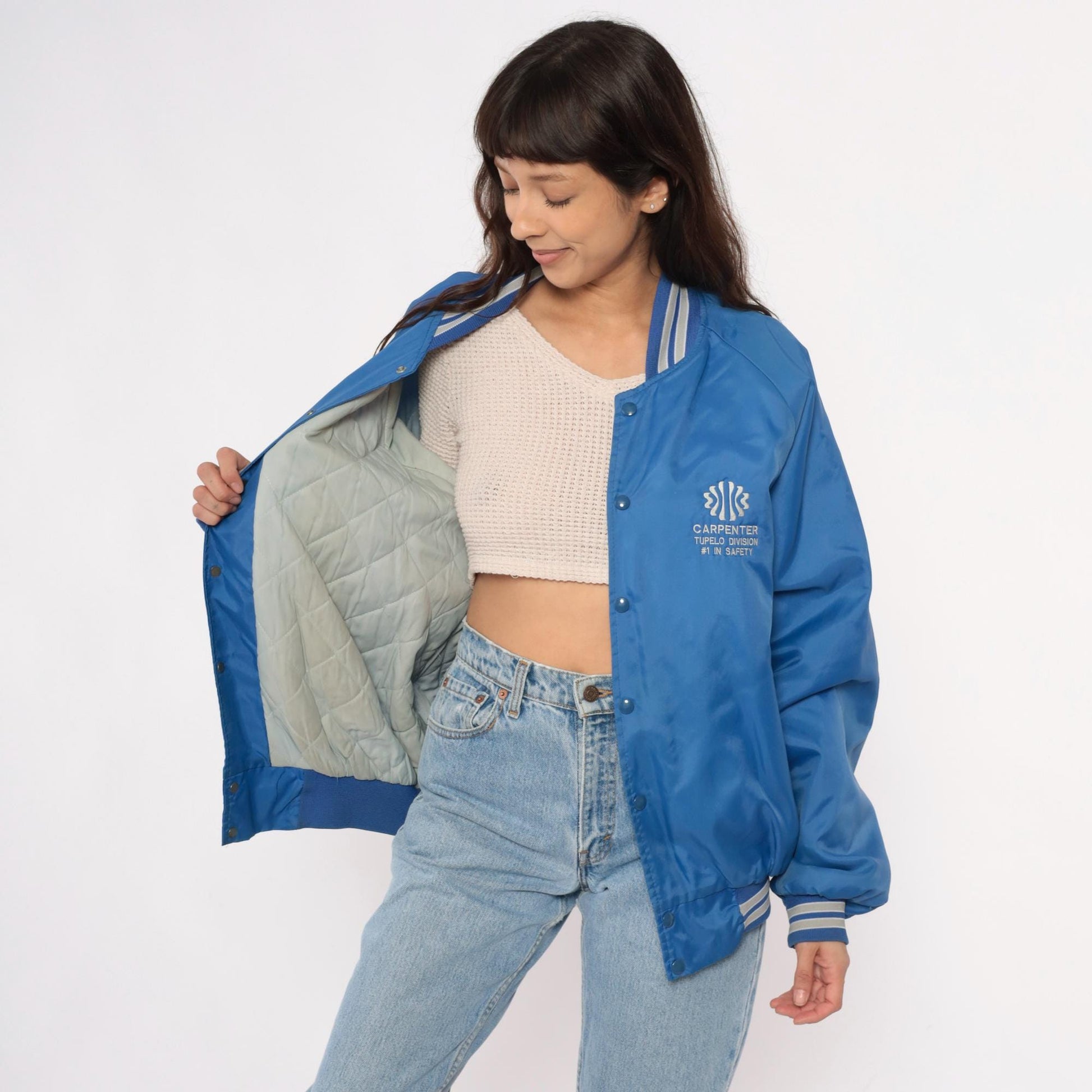 80s Blue Bomber Jacket Carpenter Tupelo Division Snap Button Raglan Medium