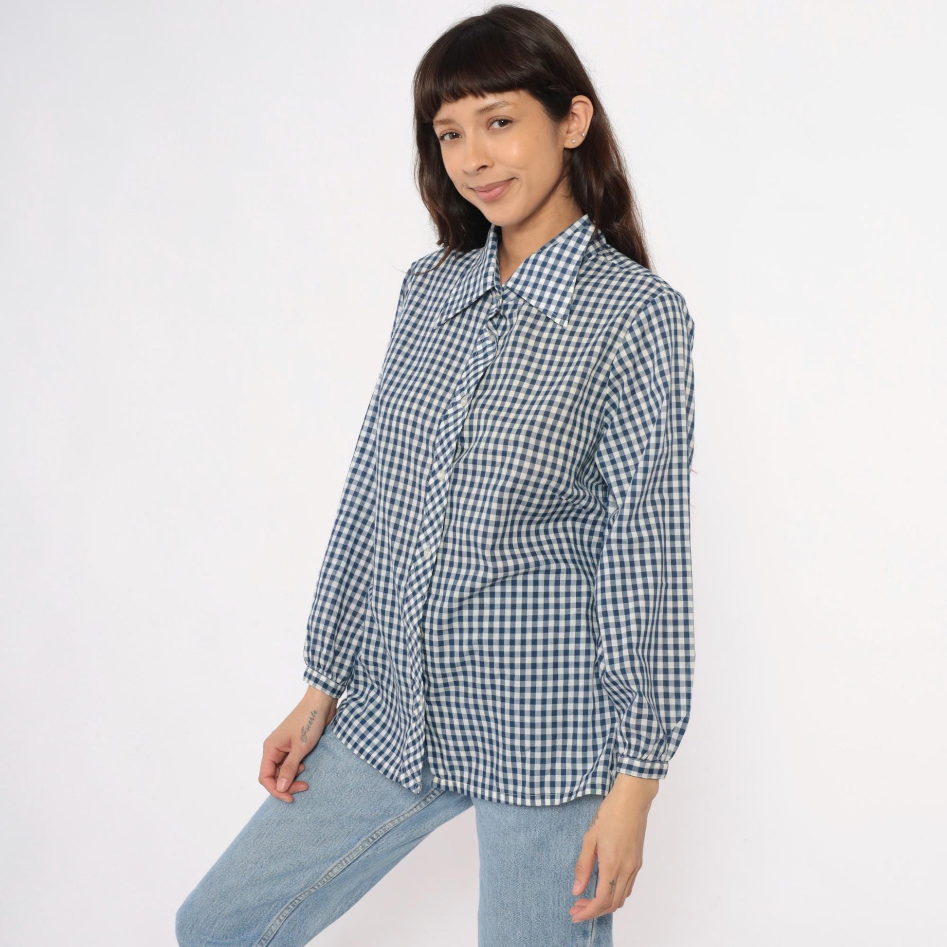80s Lane Bryant Navy Gingham Check Button-Up Blouse Peter Pan Collar Plus Size XXL