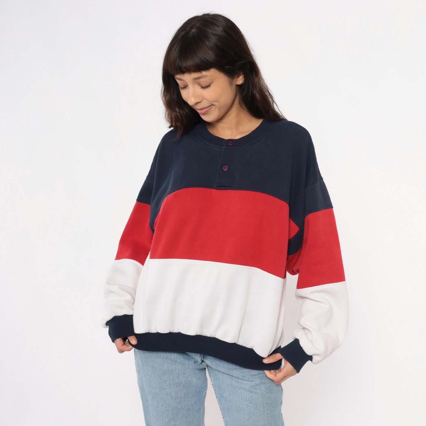 80s Color Block Sweatshirt Navy Red White Striped Henley Button Neck Medium