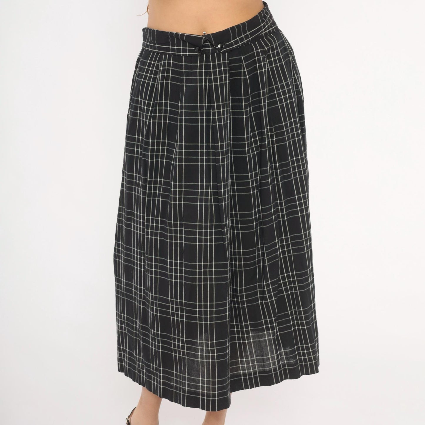 80s Heron Cove Casuals Windowpane Plaid Midi Skirt Black White Pleated Large L