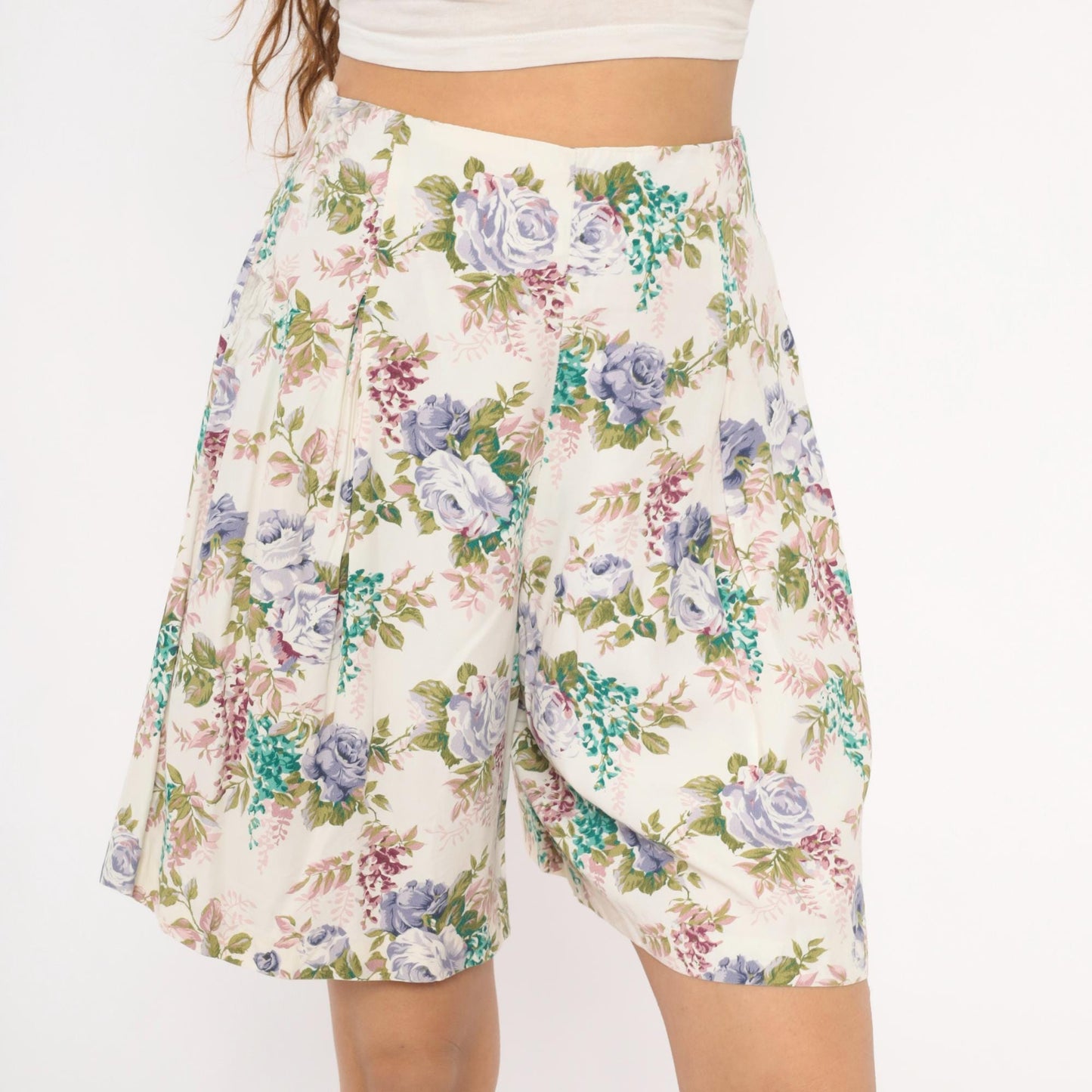 90s Floral Culotte Shorts High Waist Wide Leg Ivory Purple Rose Medium