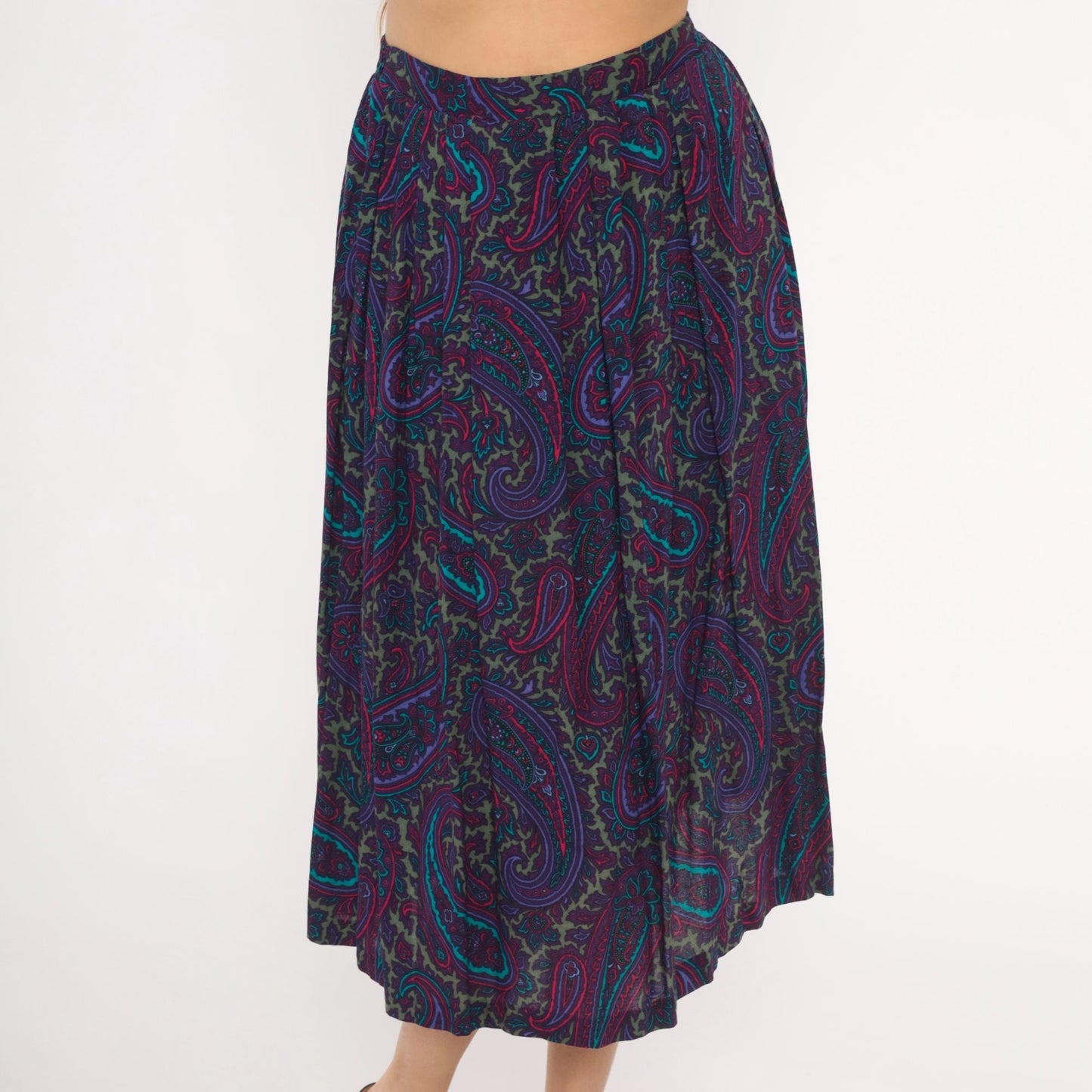 80s Paisley Midi Skirt Purple Teal A-Line Gathered Waist Small Medium