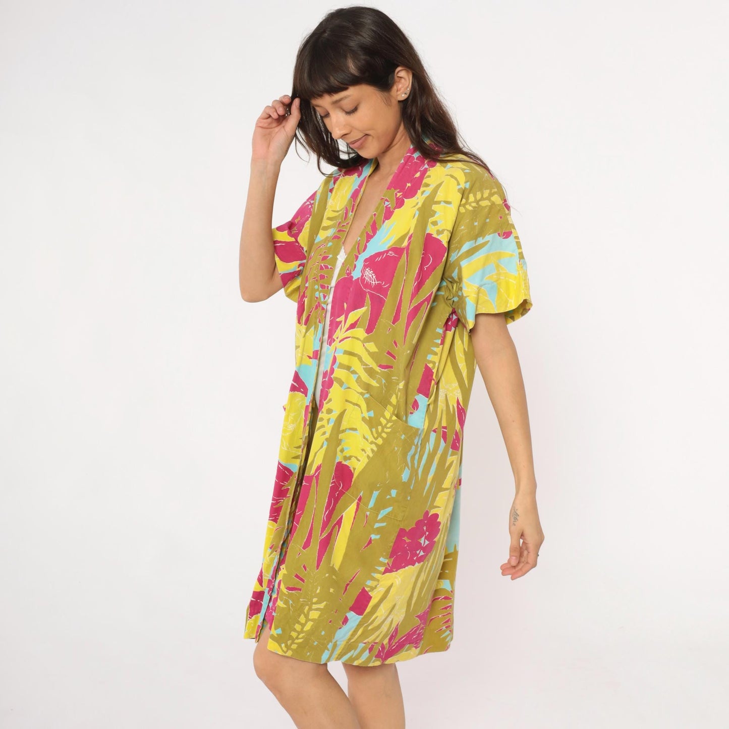 80s Lion Jungle Tropical Kimono Robe Knee Length Cotton Small Medium