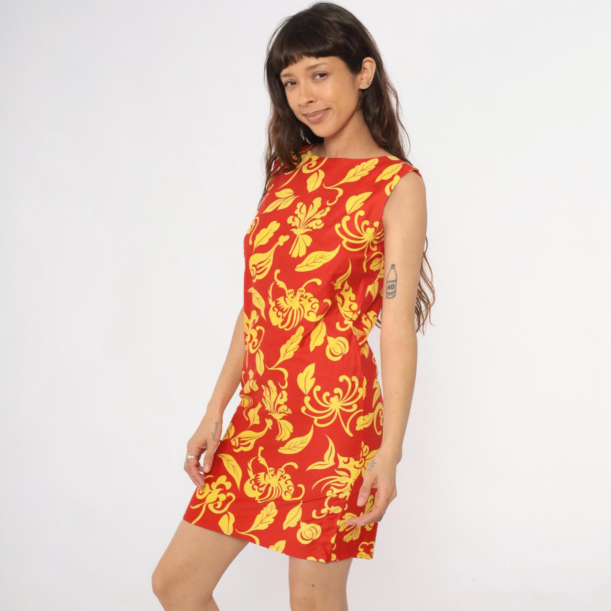 90s Red Floral Shift Dress Yellow Botanical Print Mini Small S