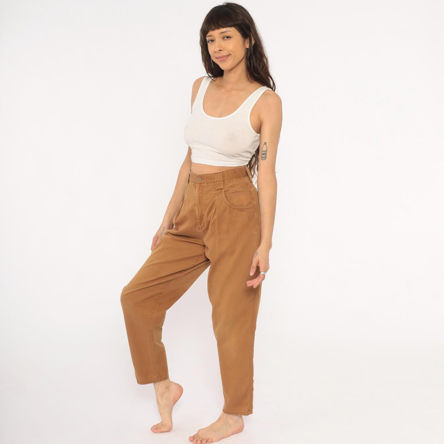 90s Pleated Trousers Mustard Cotton High Waisted Tapered Small S