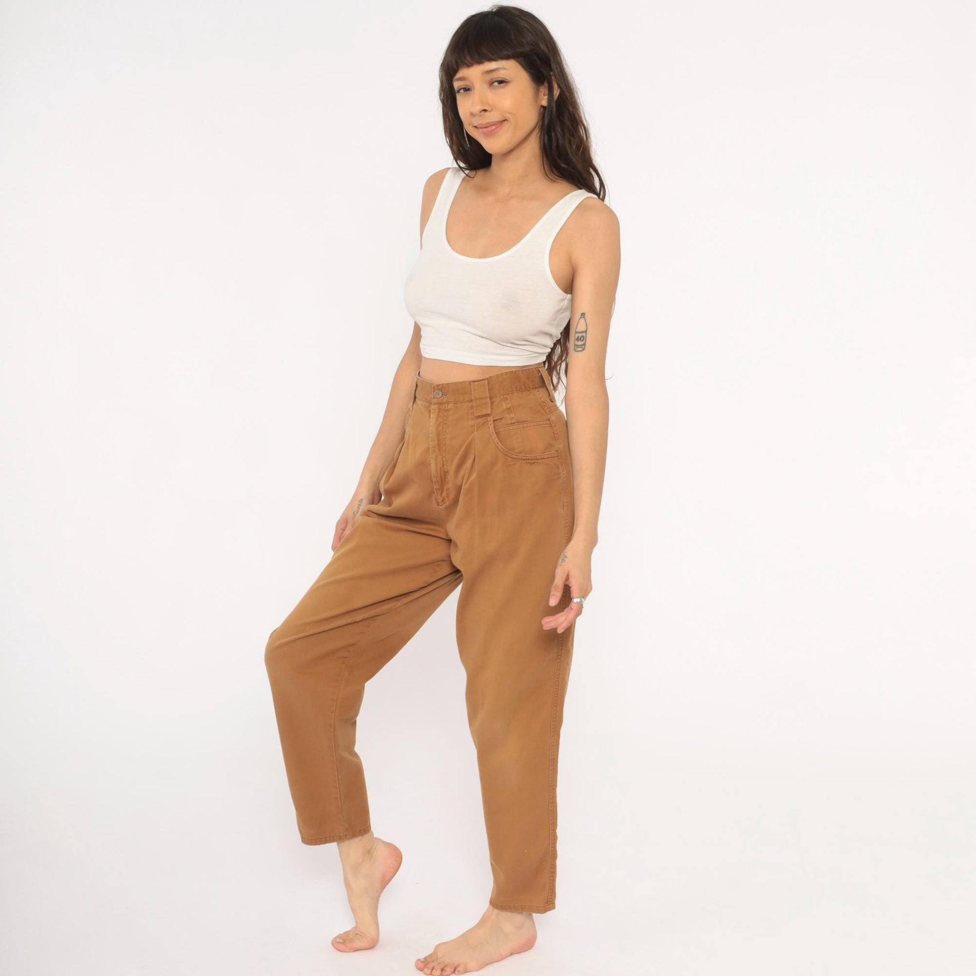 90s Pleated Trousers Mustard Cotton High Waisted Tapered Small S