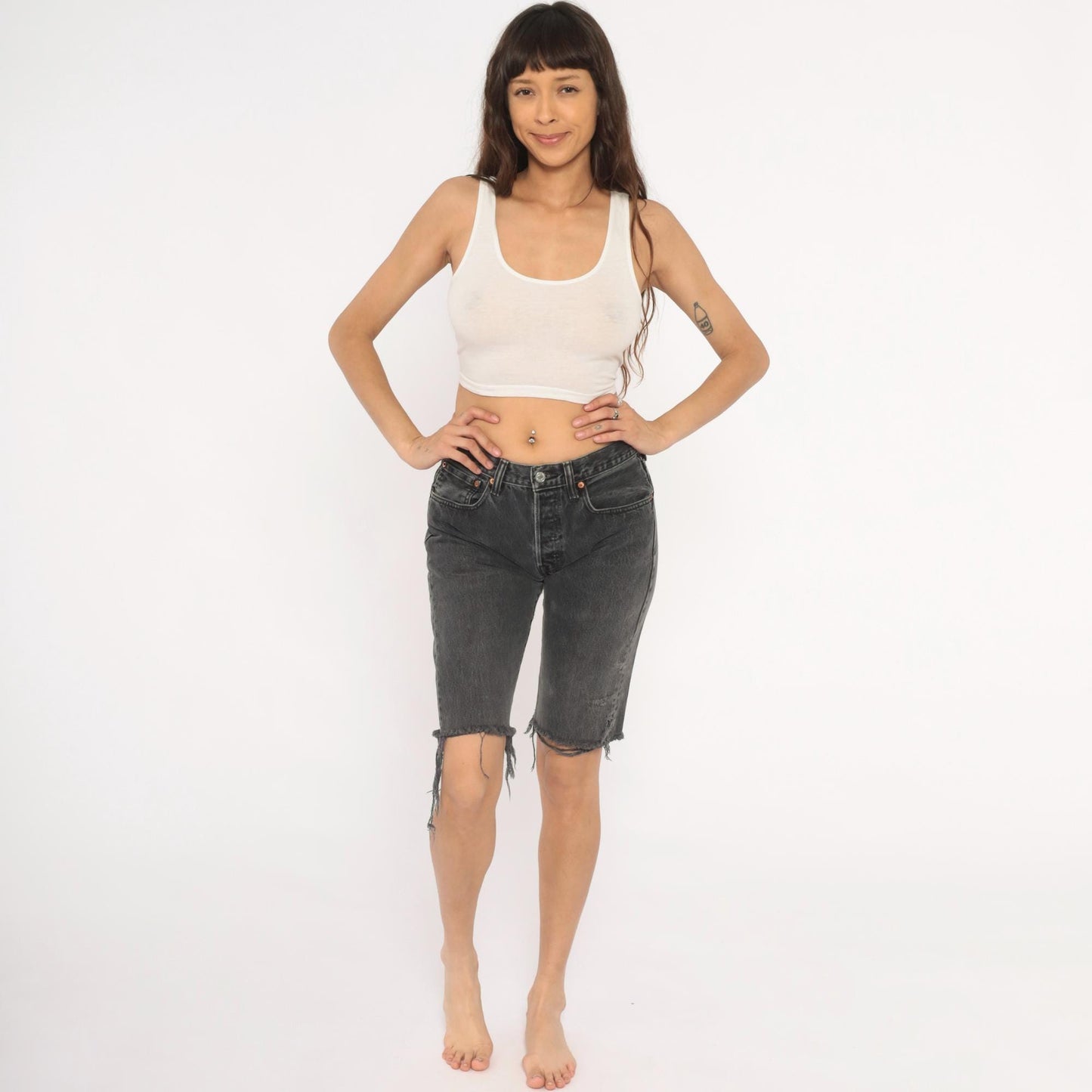 Levis 501 Cutoff Bermuda Shorts Faded Black Denim Raw Hem Small S