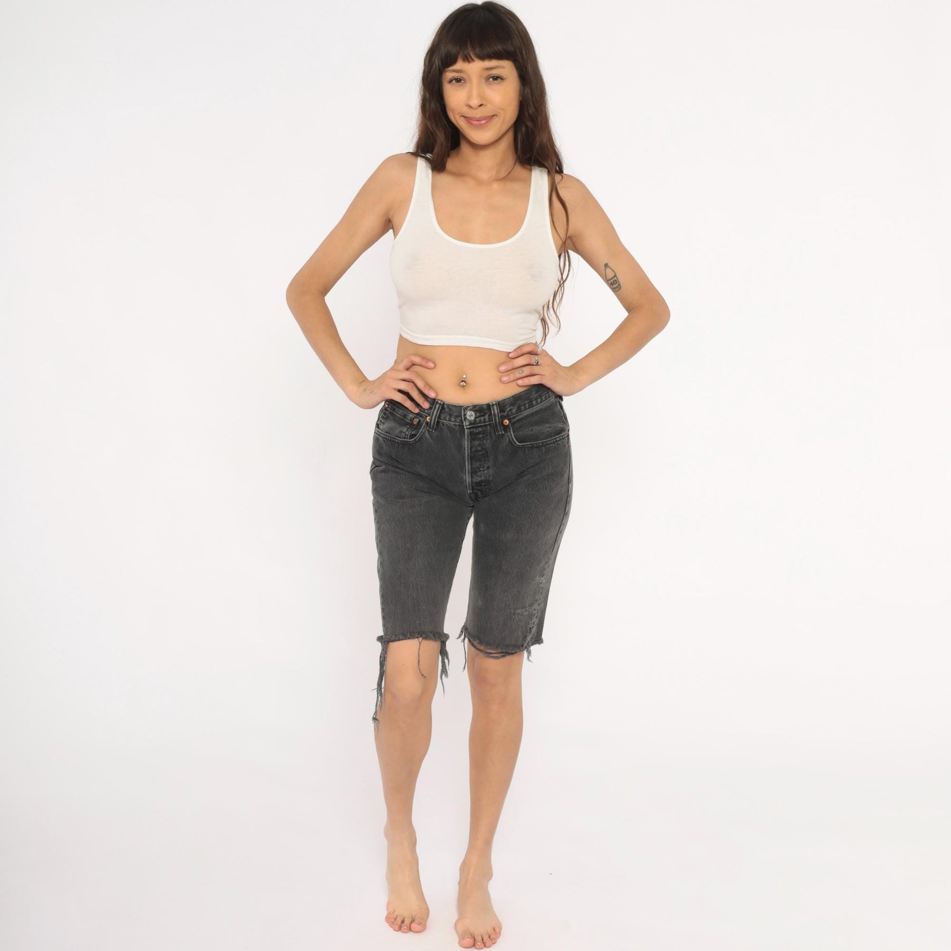Levis 501 Cutoff Bermuda Shorts Faded Black Denim Raw Hem Small S