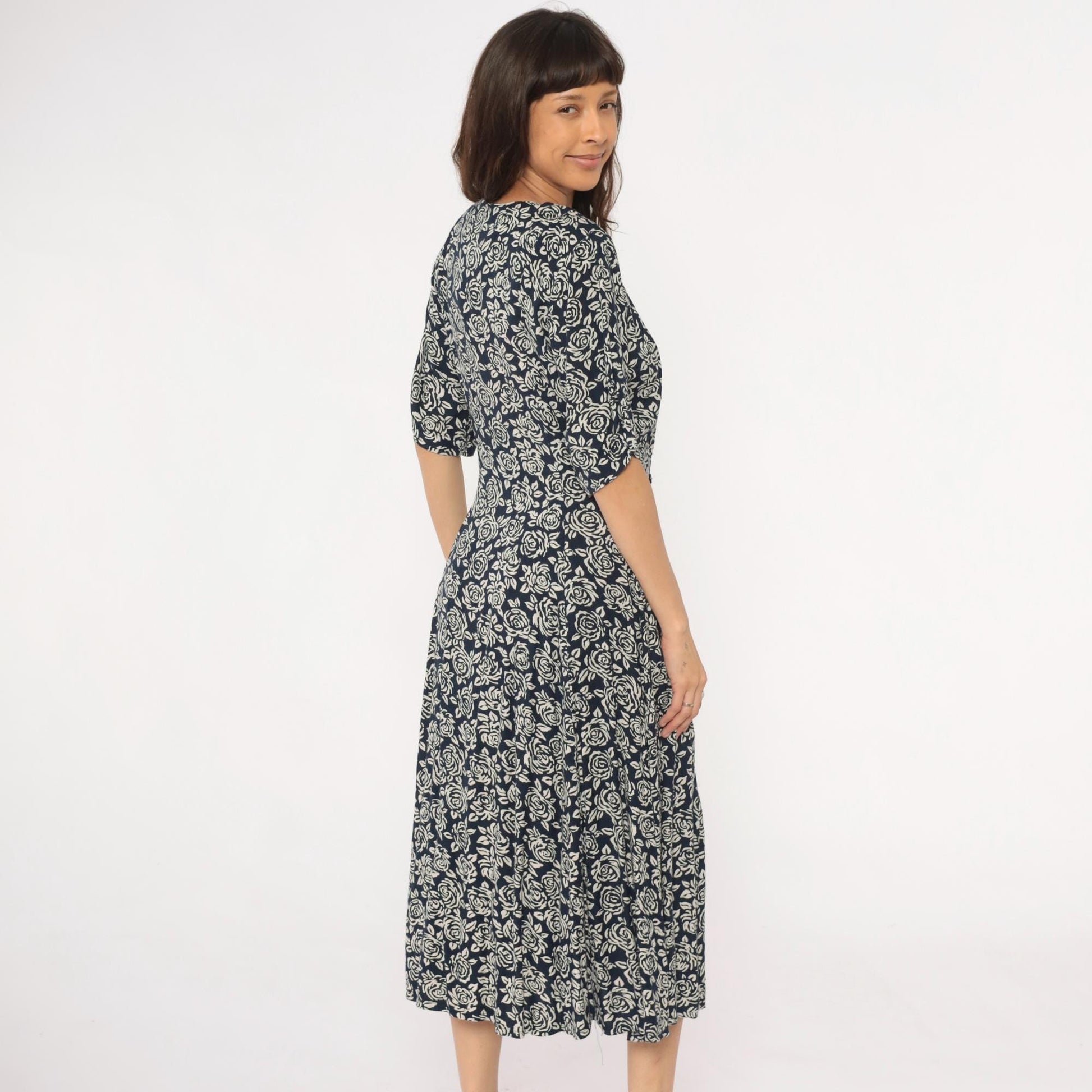 90s Floral Midi Dress Navy Cream Rose Print Wrap V-Neck Rayon Medium M