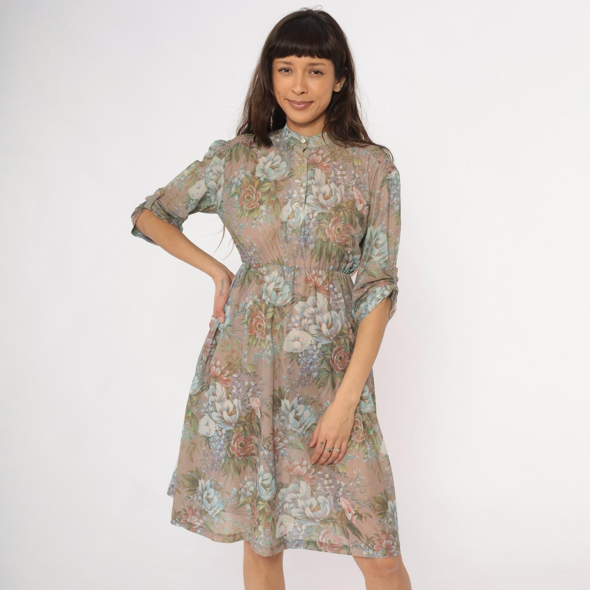 80s Floral Button-Front Dress Sheer Polyester Taupe Pink Green Small