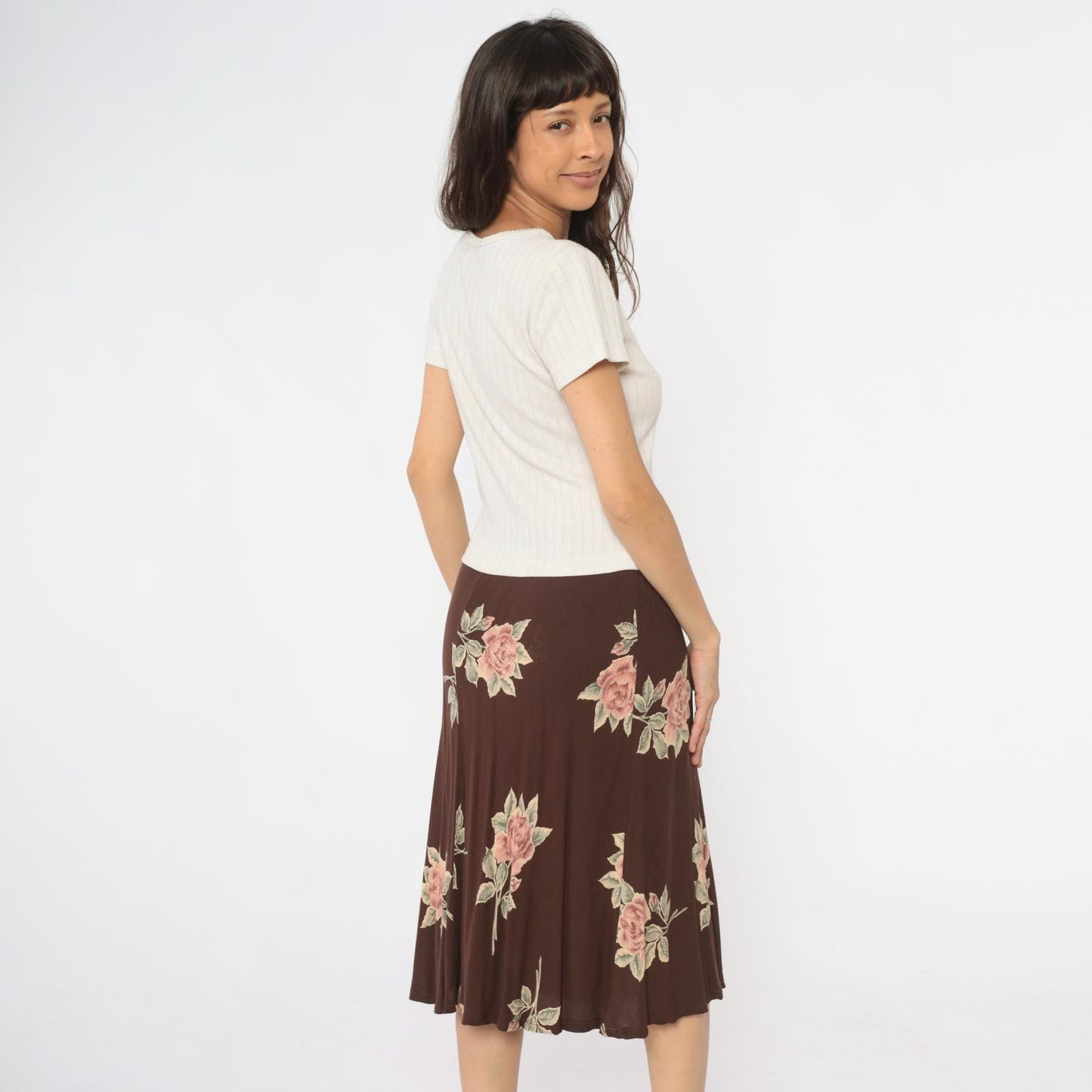 90s Cristina Colorblock Midi Dress Cream Ribbed Knit Brown Floral Medium