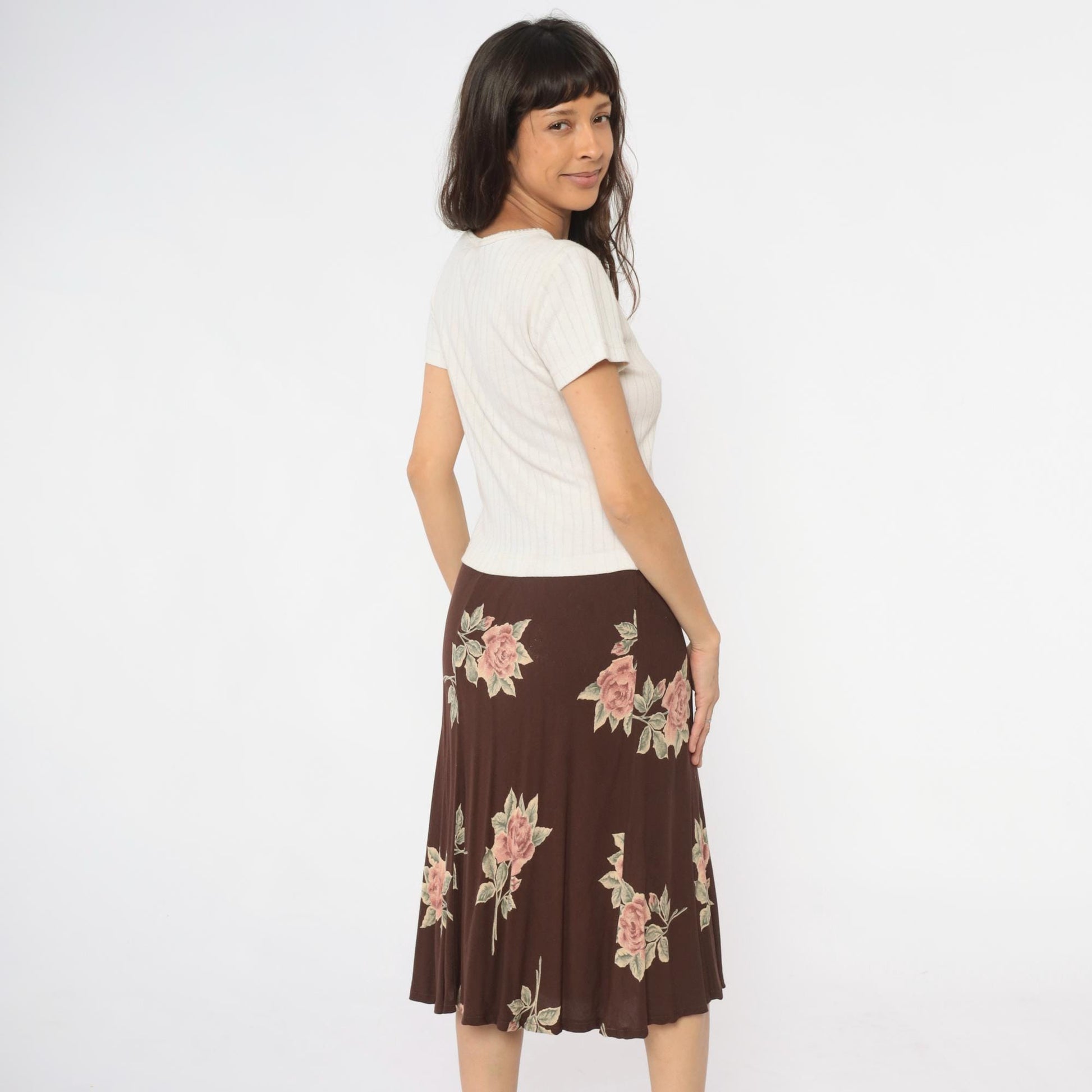 90s Cristina Colorblock Midi Dress Cream Ribbed Knit Brown Floral Medium