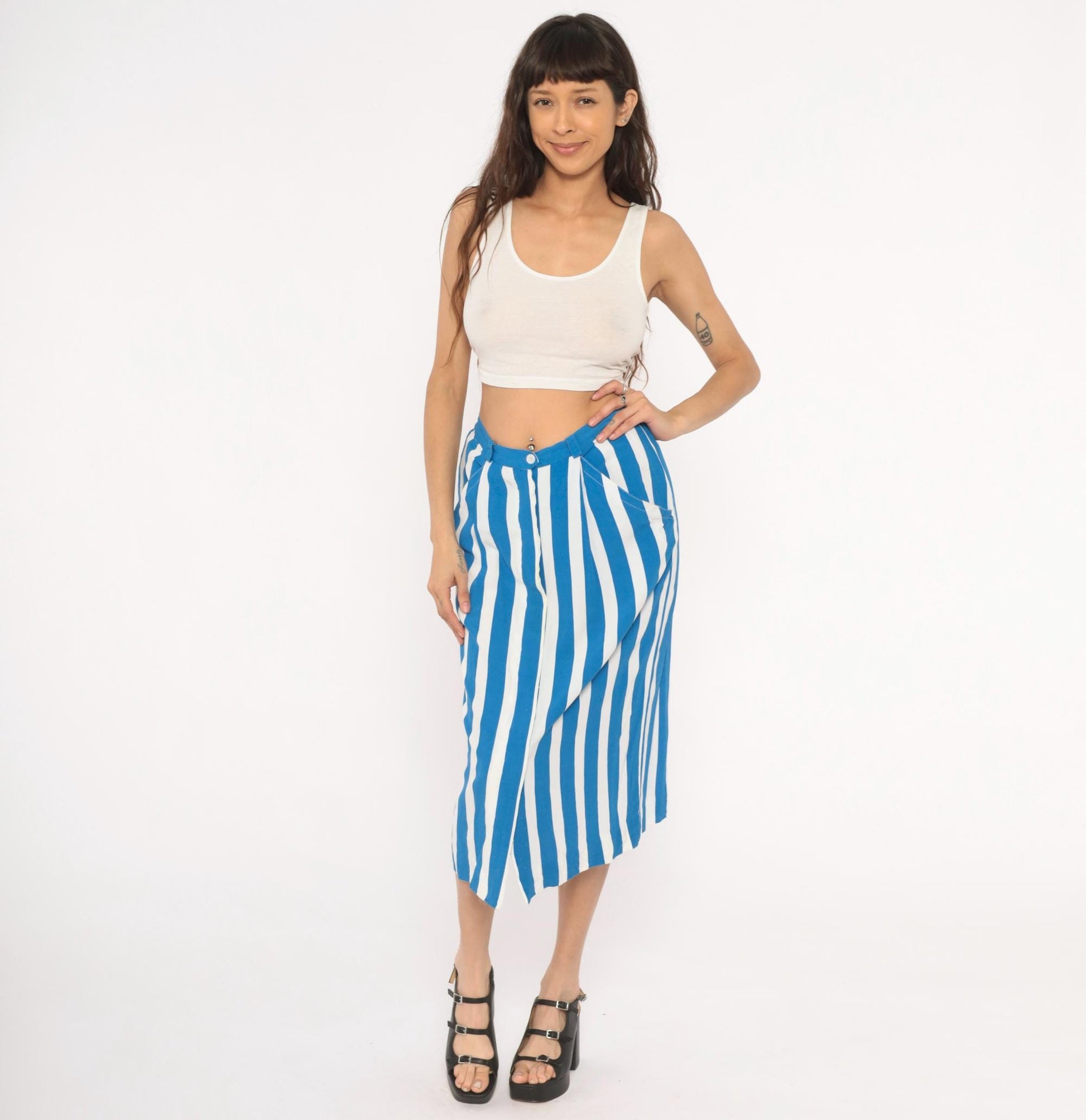 90s Jones New York Blue White Striped Midi Skirt High Waist Pockets Medium M