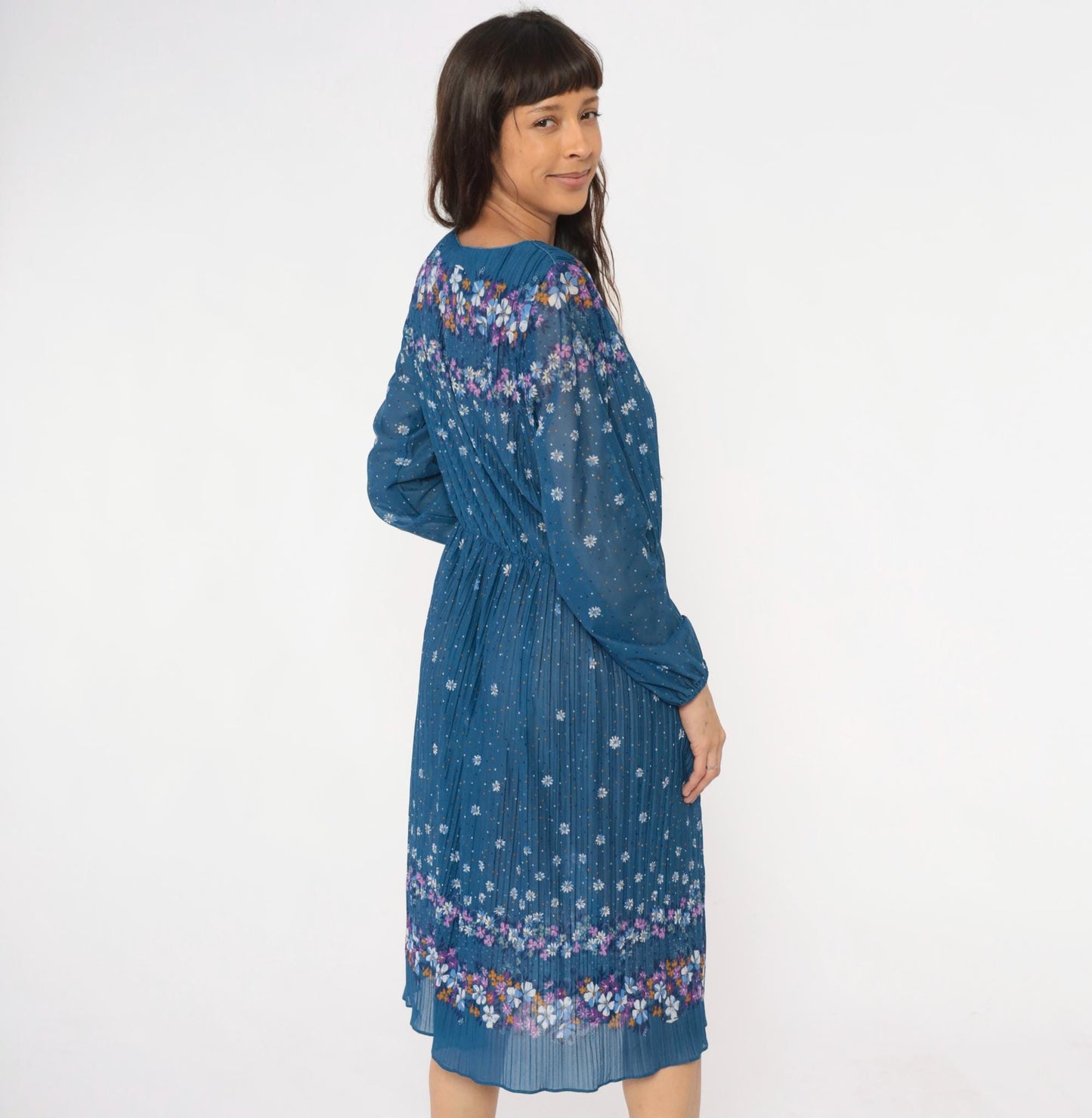 80s Malouf of Dallas Floral Midi Dress Blue Pleated Long Sleeve Medium