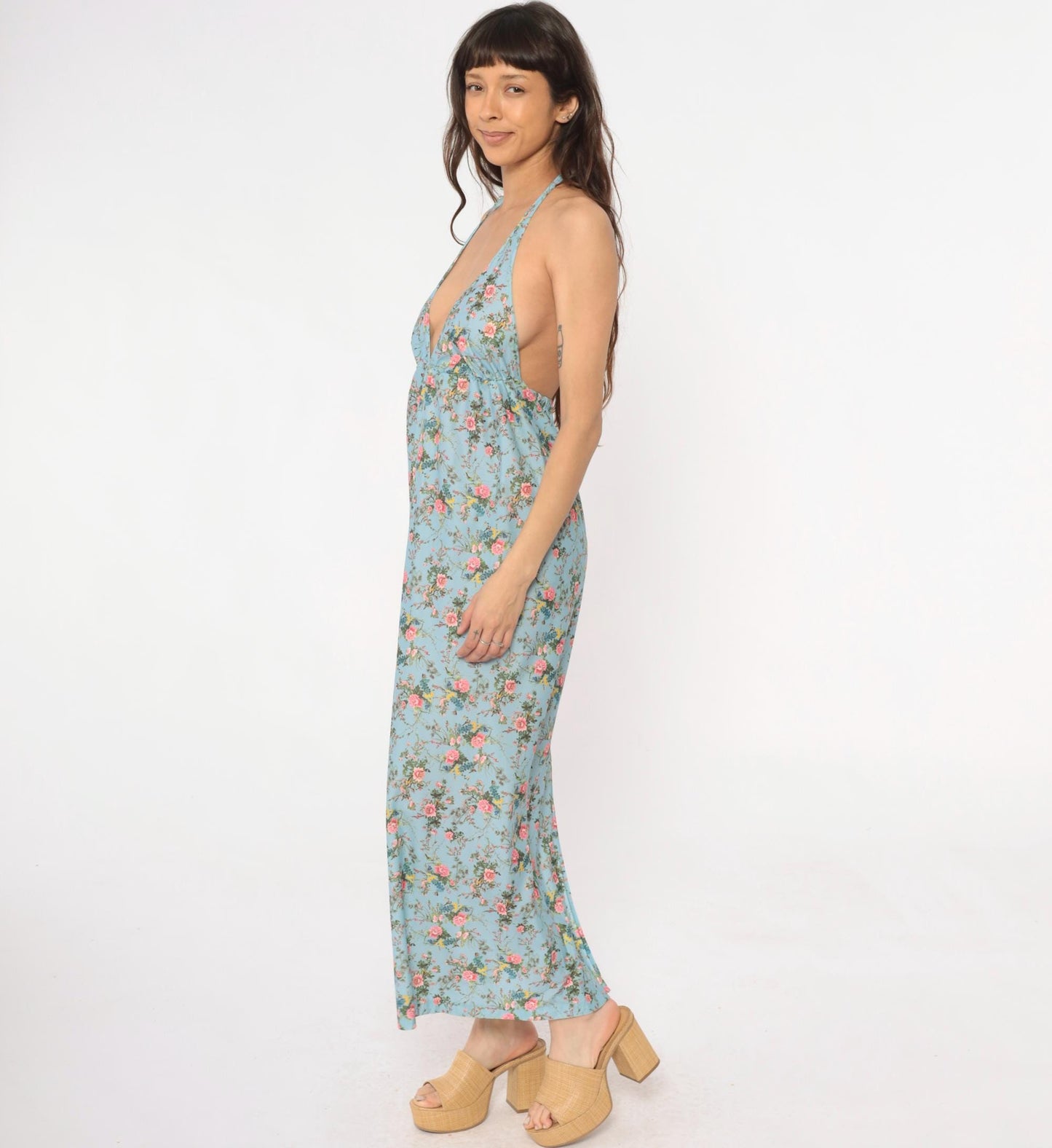 70s Light Blue Floral Maxi Halter Dress Empire Waist Pink Roses Small