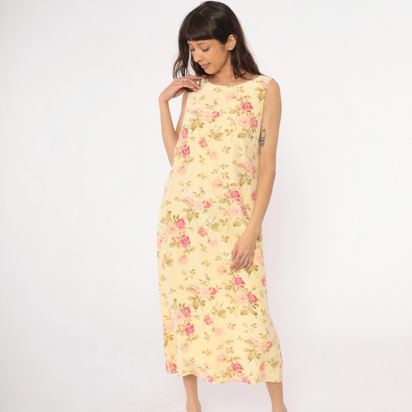 90s Silk Maxi Dress Yellow Floral Rose Print Shift Sleeveless Large L