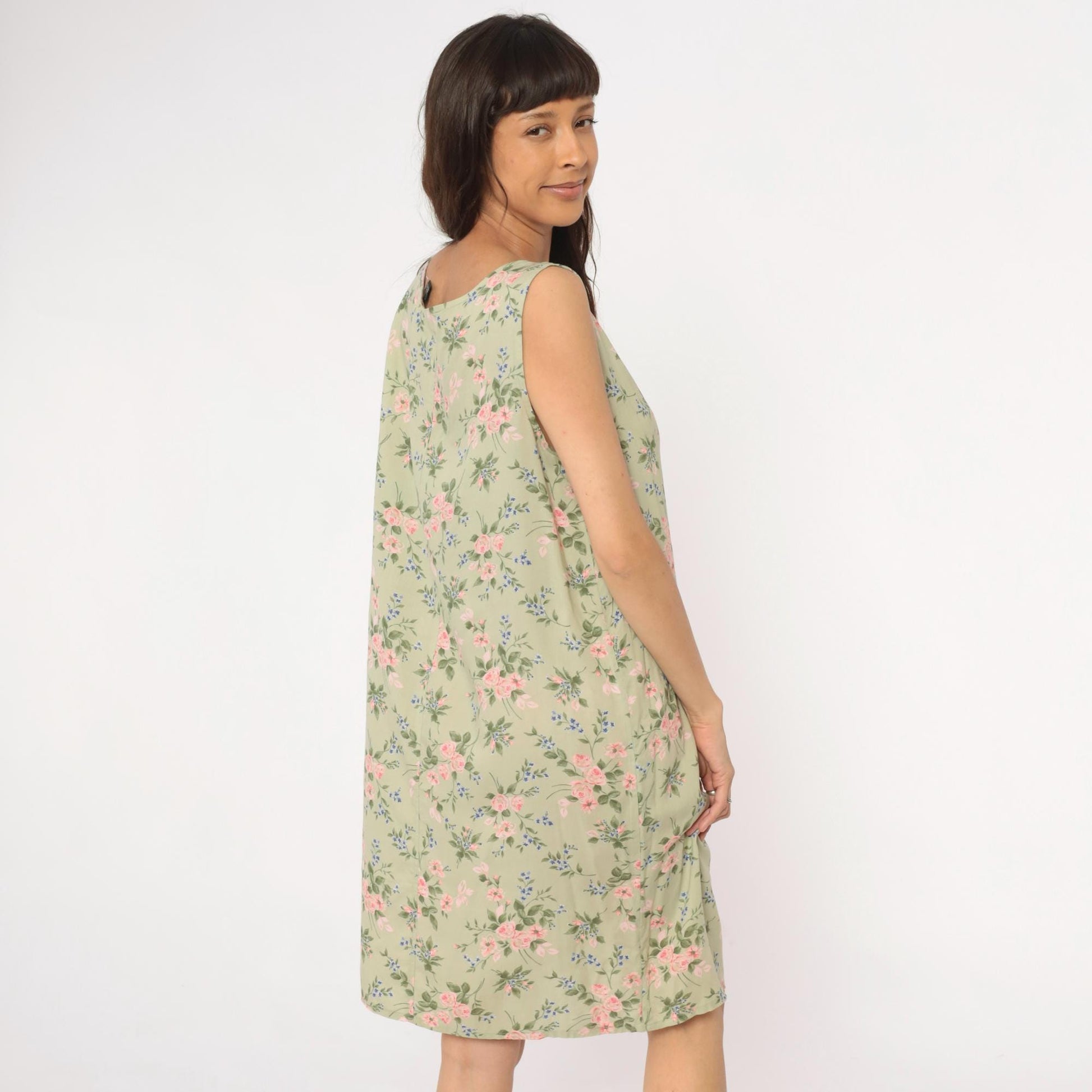 90s Lancaster Clothing Floral Shift Dress Sage Green Pink Roses Extra Large