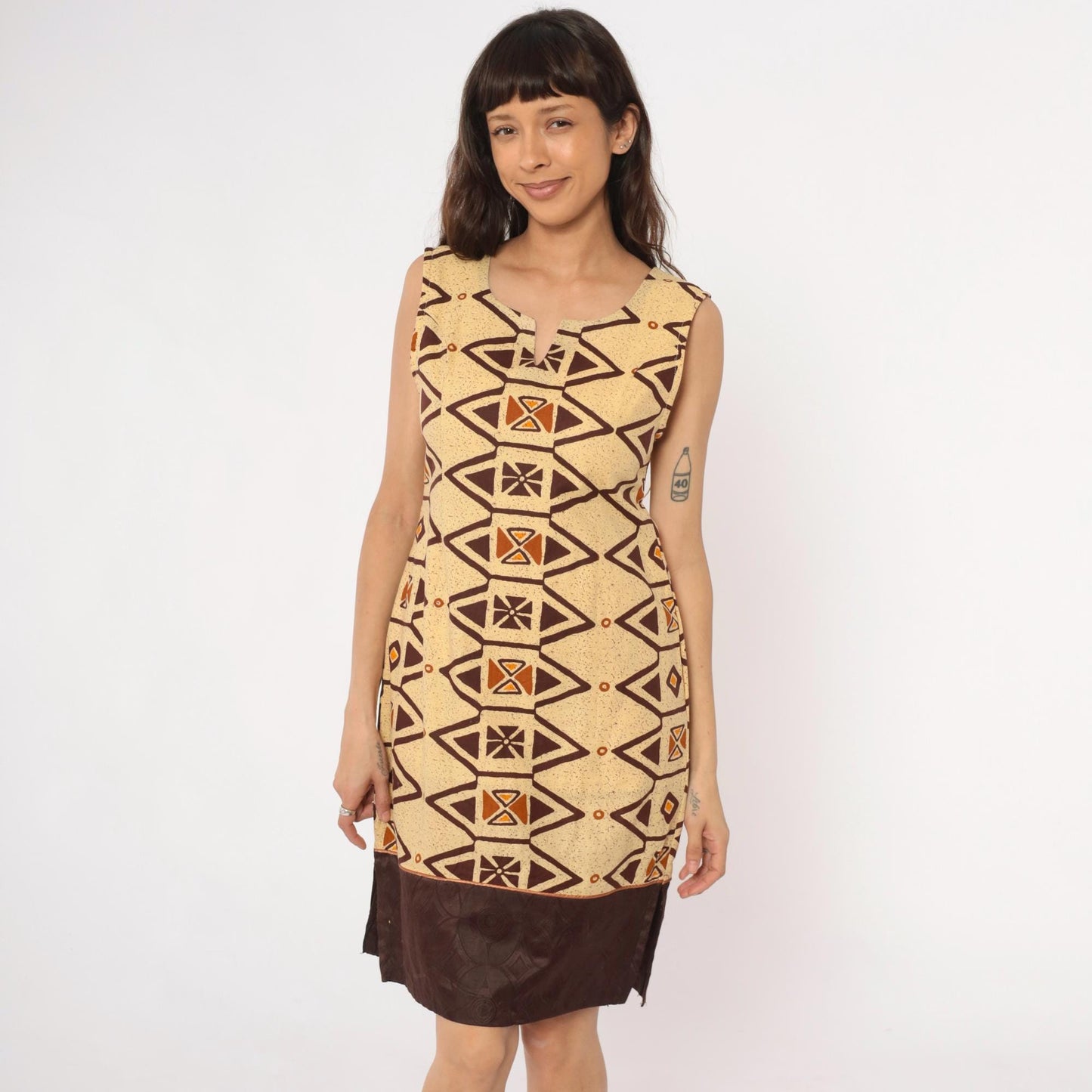 Y2K Southwestern Geometric Shift Dress Cream Brown Orange Tribal Print Extra Small XS