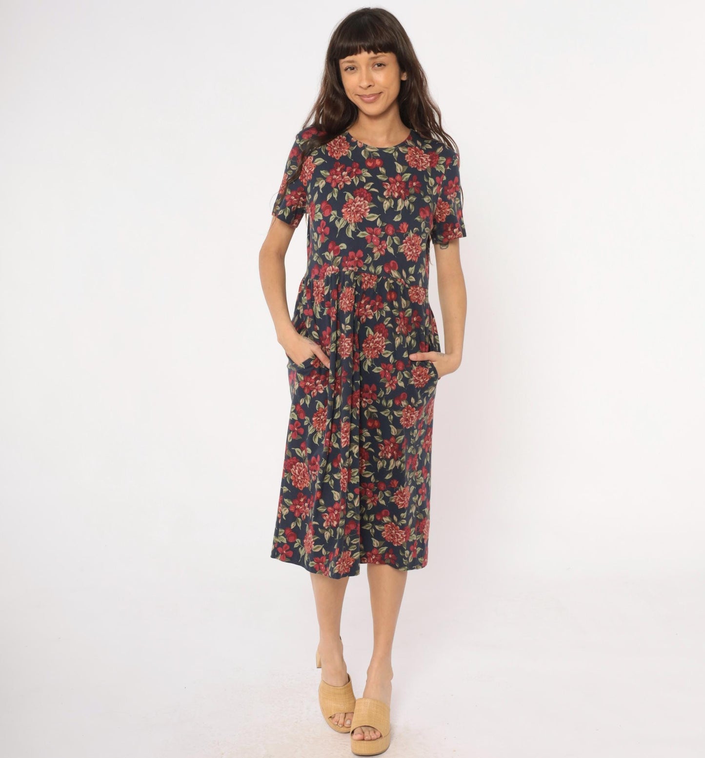 90s Talbots Floral Midi Dress Navy Dahlia Cotton Small