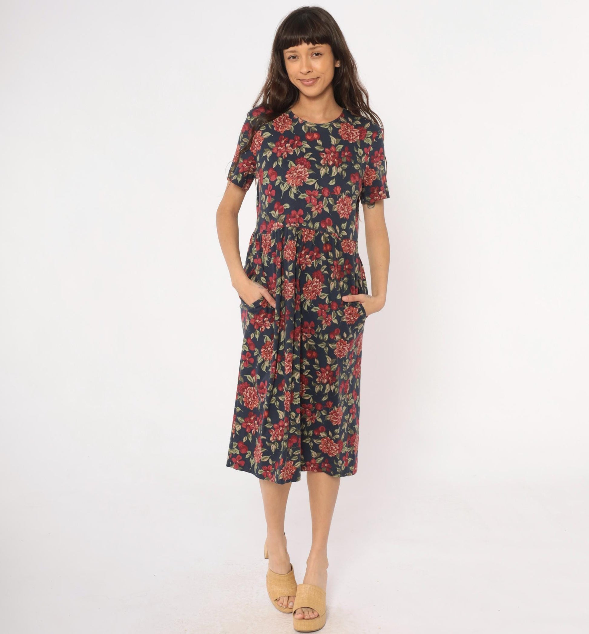 90s Talbots Floral Midi Dress Navy Dahlia Cotton Small