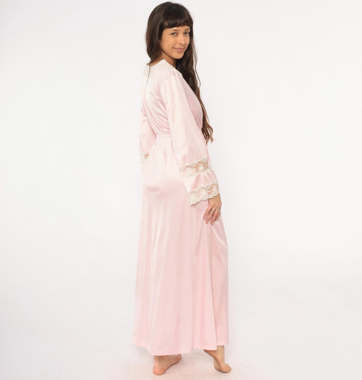 90s Pink Lace Wrap Robe Maxi Long Sleeve Tie Waist Nightgown Medium