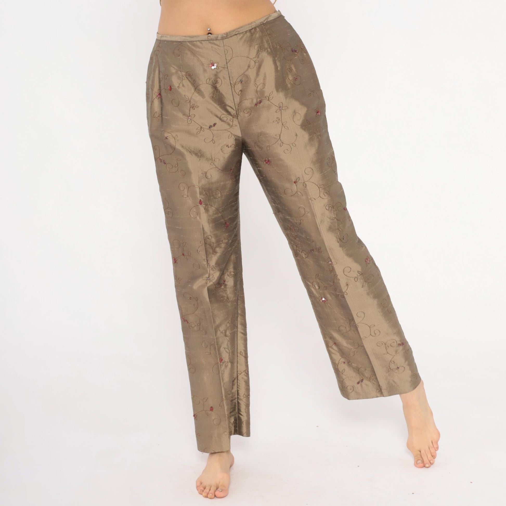 2000s Depeche Mode Silk Trousers Embroidered Floral Tan Low Rise Straight Medium M