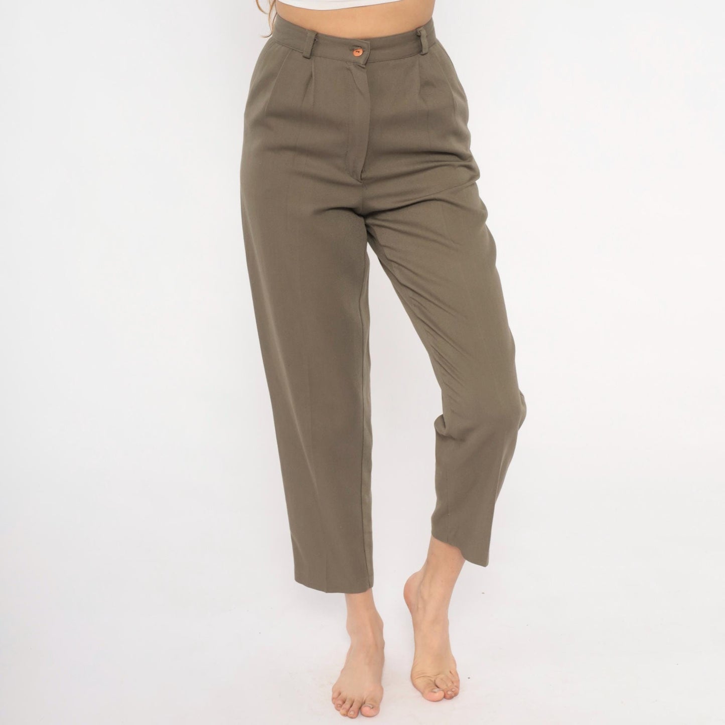 80s Olive Pleated High-Waist Trousers Tapered Ankle Cropped Slacks Extra Small XS