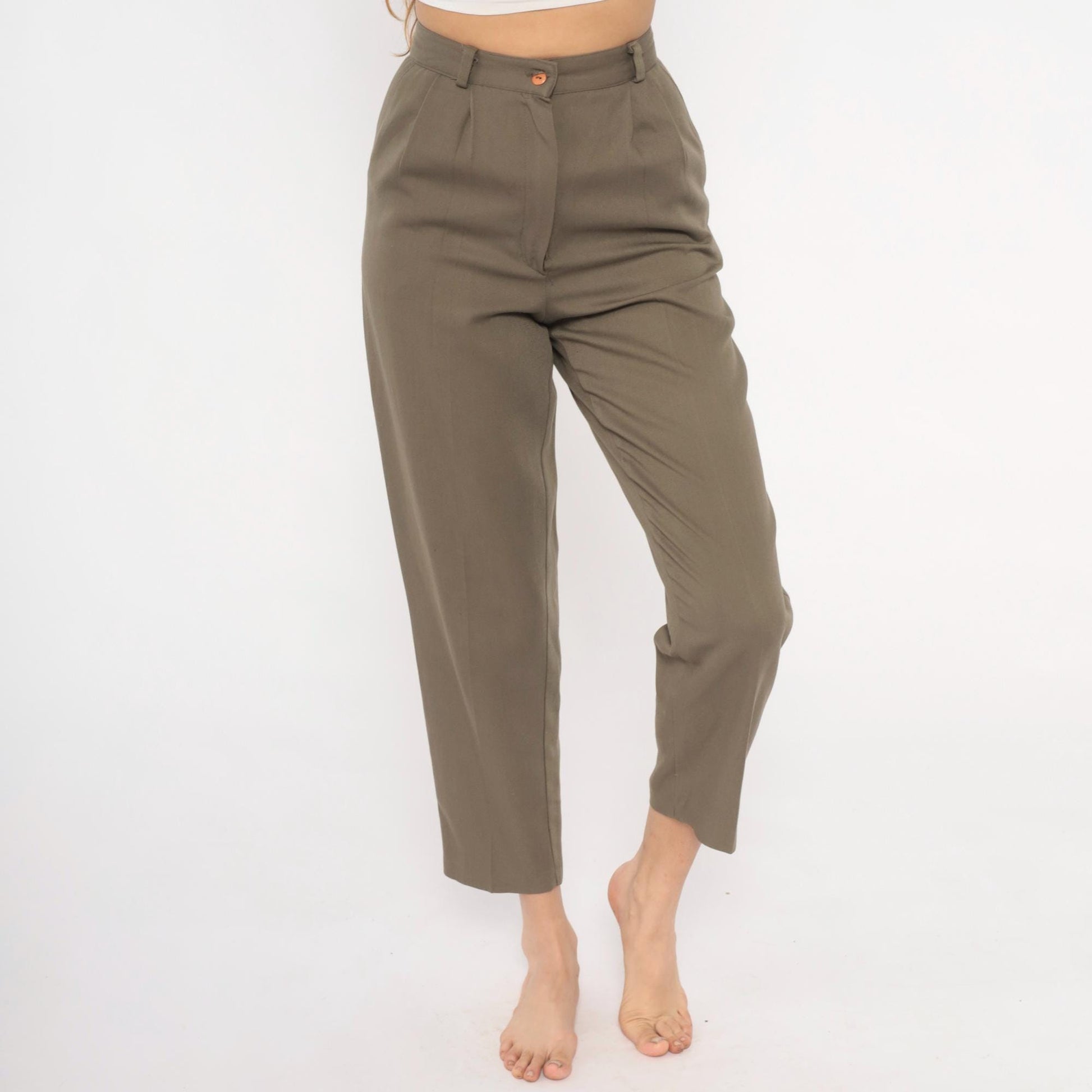 80s Olive Pleated High-Waist Trousers Tapered Ankle Cropped Slacks Extra Small XS