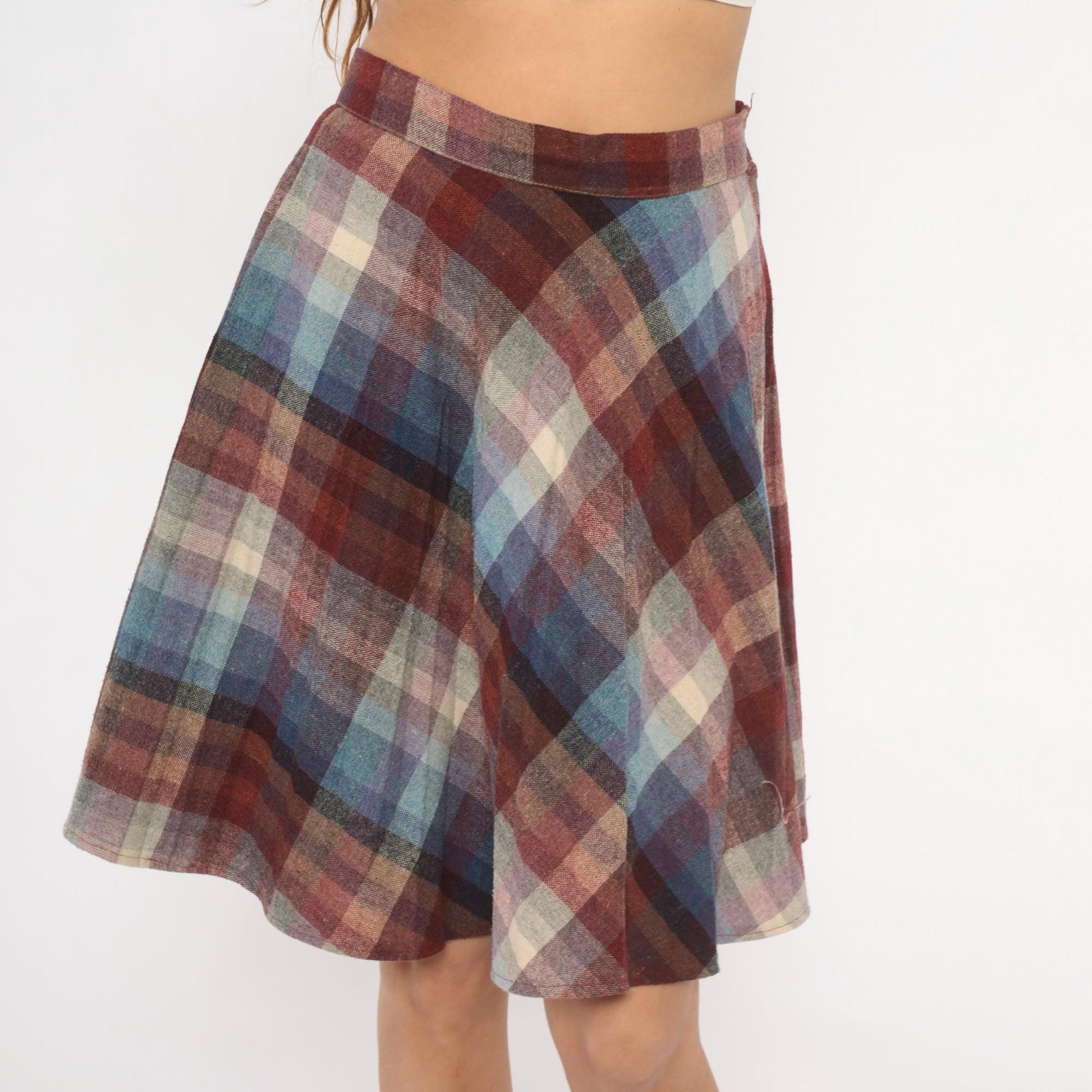 80s Plaid Wool Skirt Knee-Length A-Line Burgundy Purple Blue Checkered Medium M