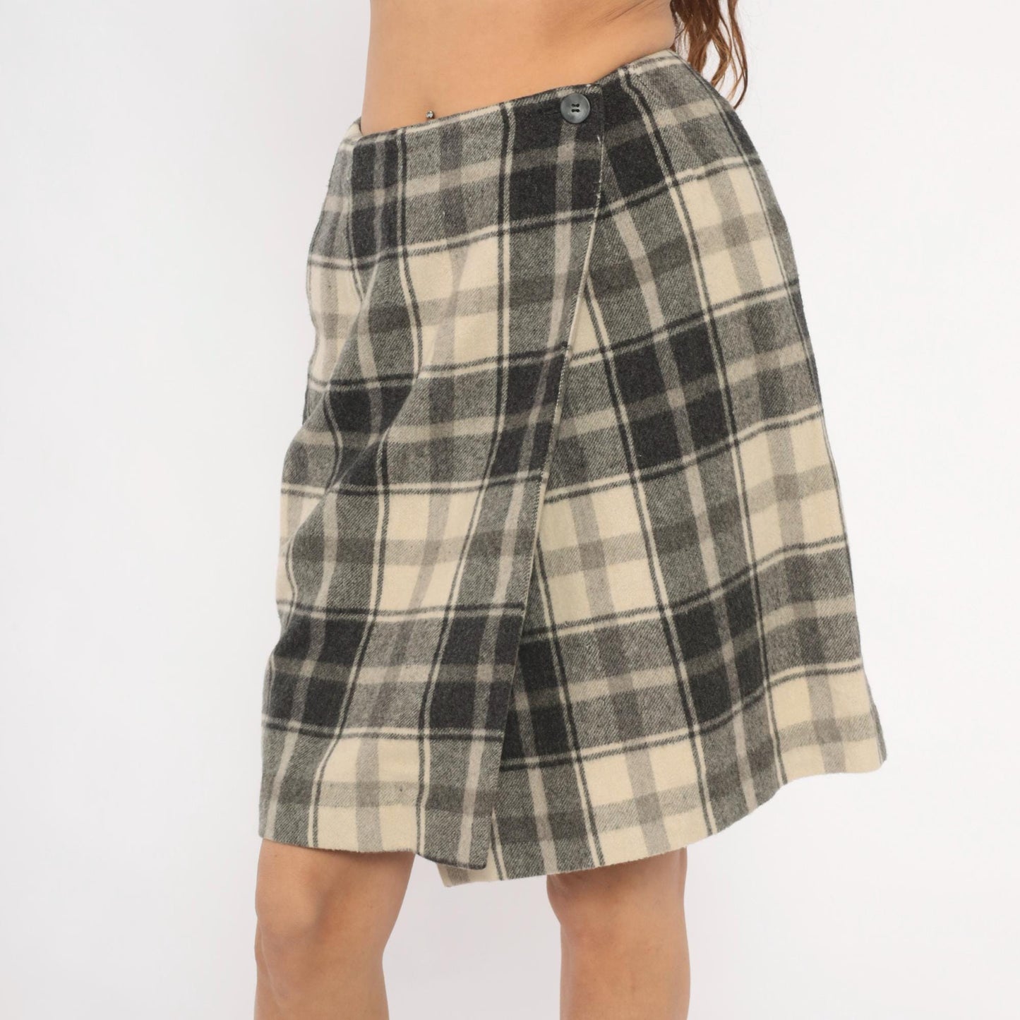 2000s Lands End Plaid Wool Mini Skirt Charcoal Cream Wrap Front Medium M