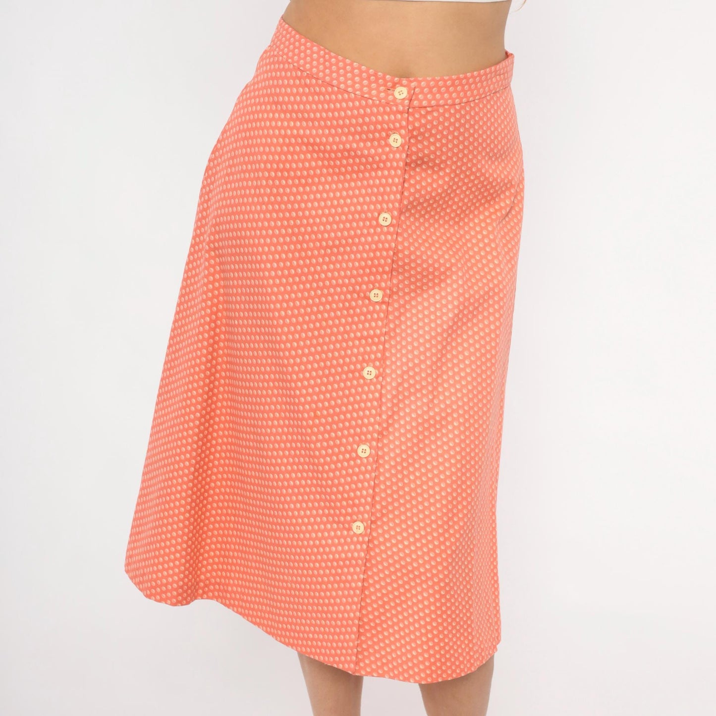 80s Coral Polka Dot A-Line Skirt Button Front High Waist Knee Length Small S