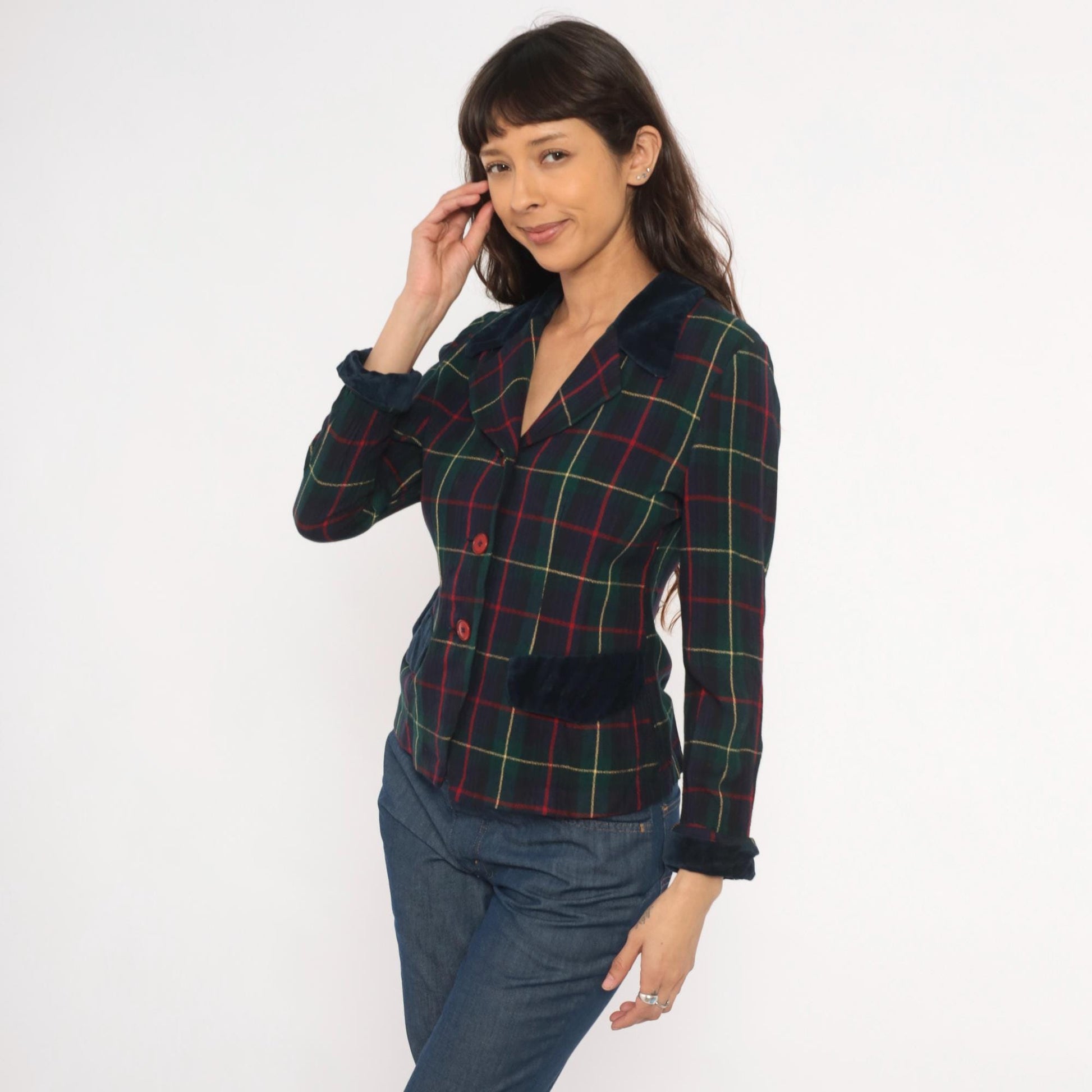 90s Dani Max Tartan Plaid Blazer Velvet Collar Navy Green Red Small S