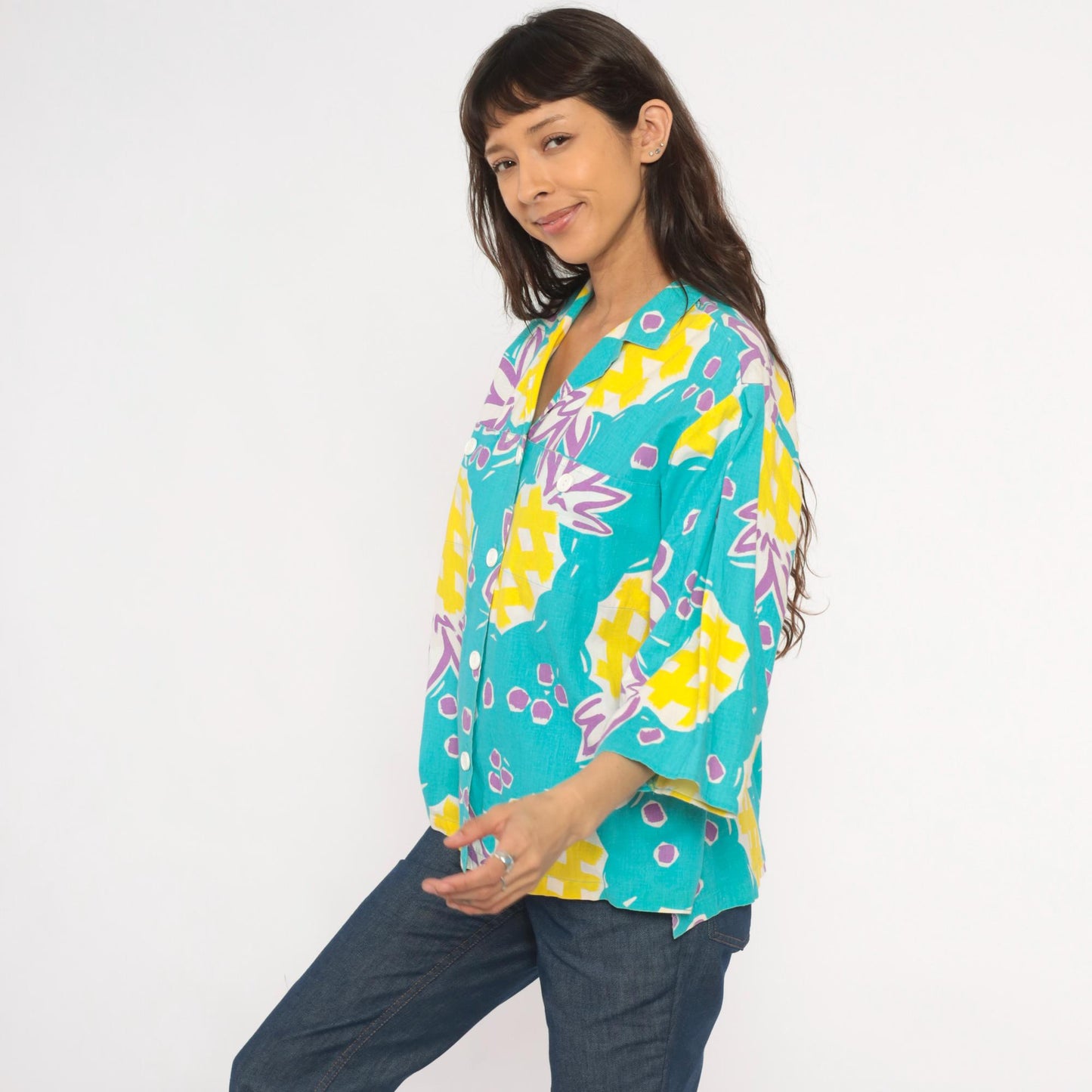 90s Young Hawaii Pineapple Print Blouse Teal Yellow V-Neck Large L