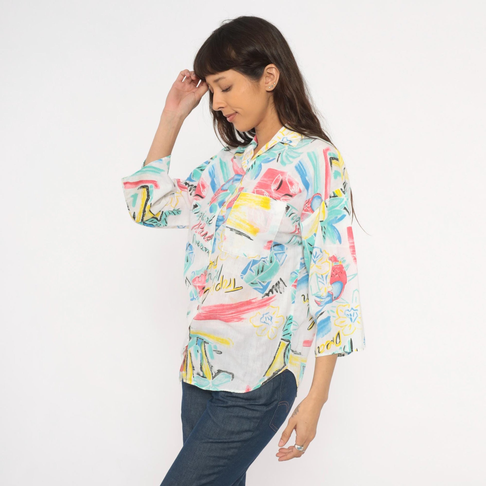 80s Touche LA Tropical Toucan Shirt White Pink Teal Bird Print Large L