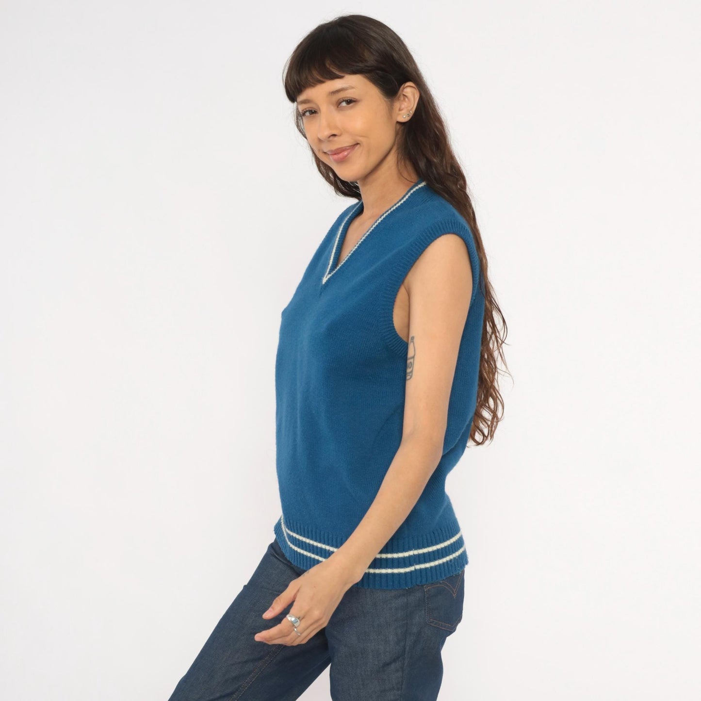 80s VIP Blue Knit Sweater Vest V-Neck Striped Trim Cricket Style Large