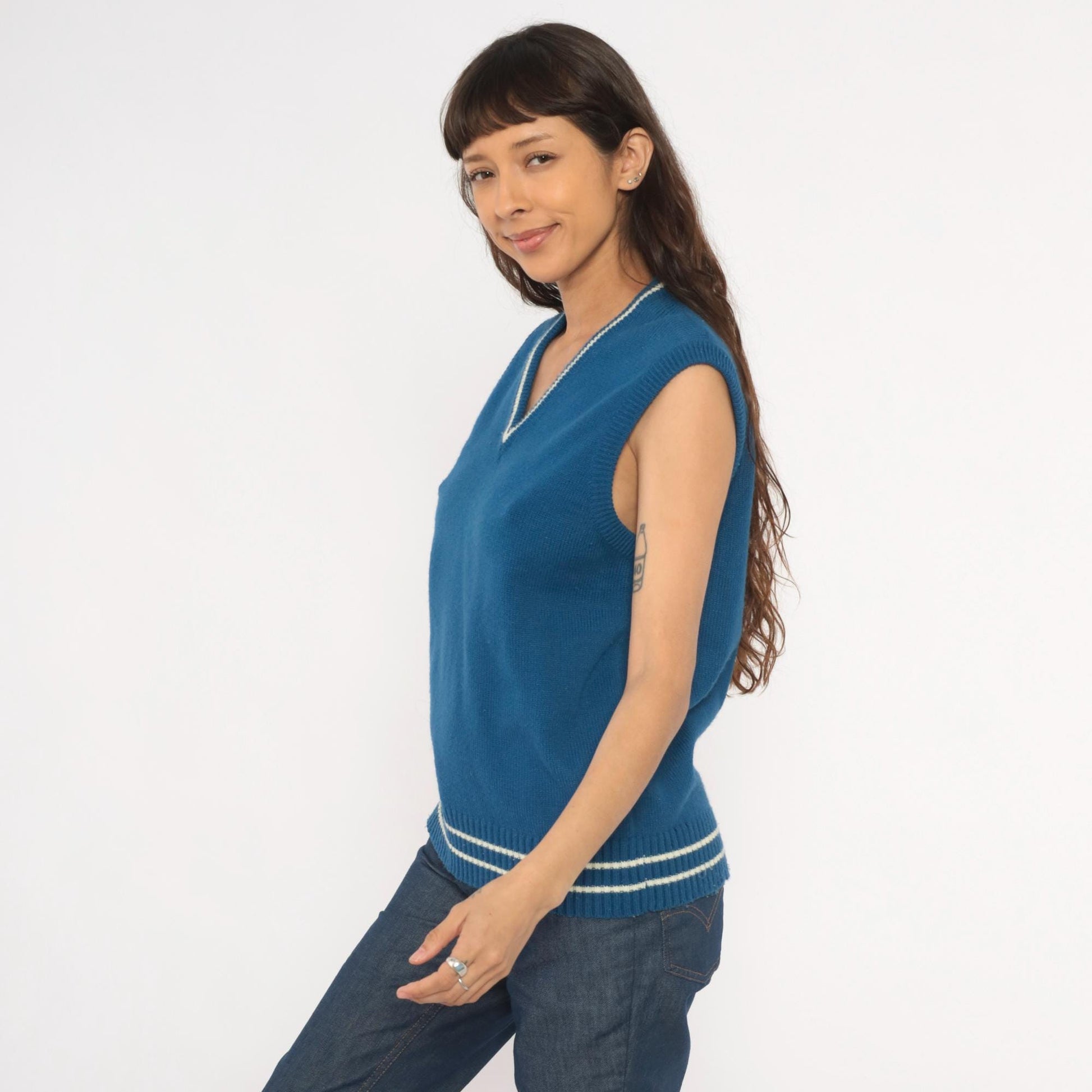 80s VIP Blue Knit Sweater Vest V-Neck Striped Trim Cricket Style Large