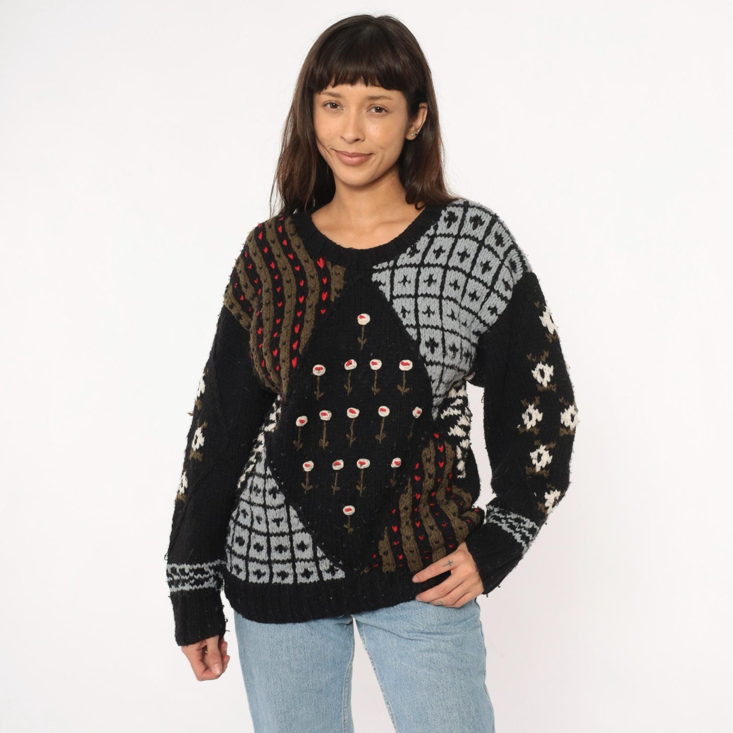 80s Midnight Blues Patchwork Knit Sweater Black Geometric Floral Small
