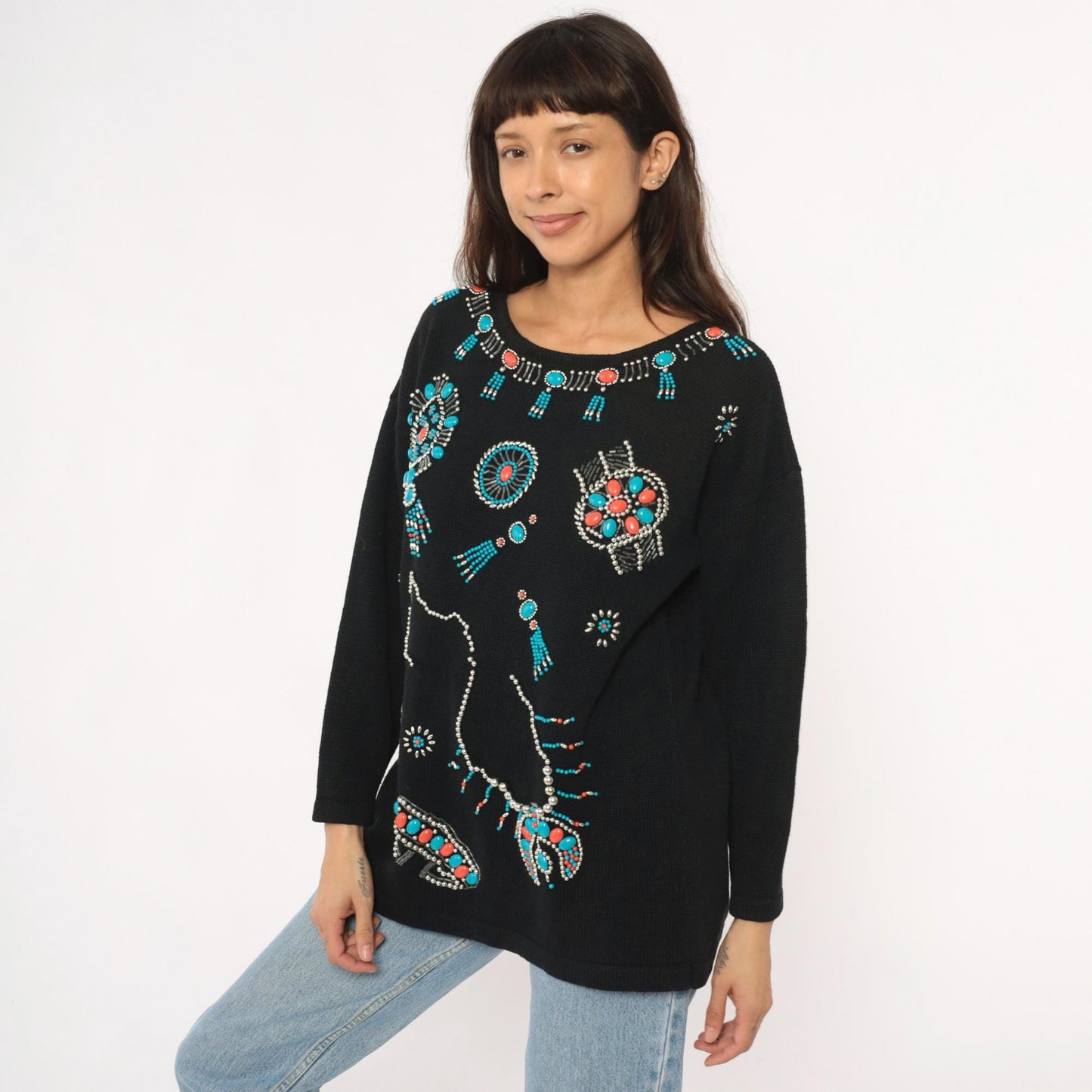 90s Victoria Jones Southwestern Sweatshirt Black Beaded Turquoise Coral Large L