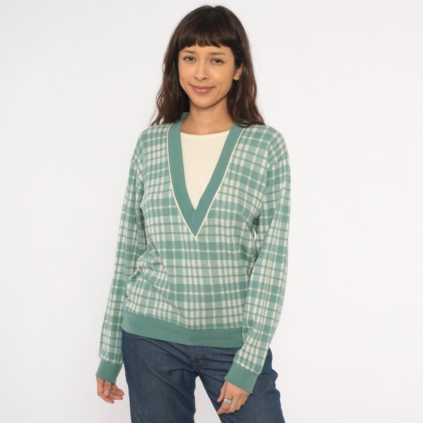 80s Cathy Daniels Green Plaid V-Neck Pullover Sage Ribbed Trim Small