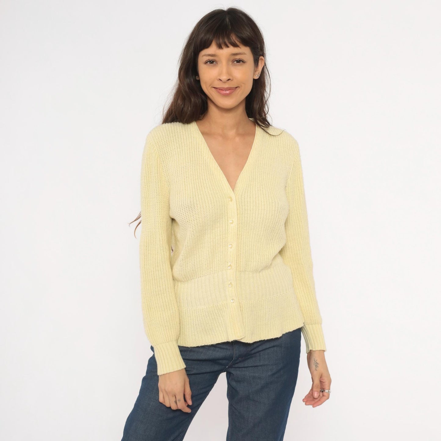 70s Avon Fashions Cardigan Sweater V Neck Cream Ribbed Knit Medium M